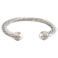 David Yurman Authentic Diamond Pearl Cable Classic Cuff Bracelet 7" Silver 7 mm