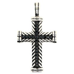 David Yurman Authentischer Nachlass Schwarzer Diamant Chevron Silber Kreuz Anhänger 16,5 g