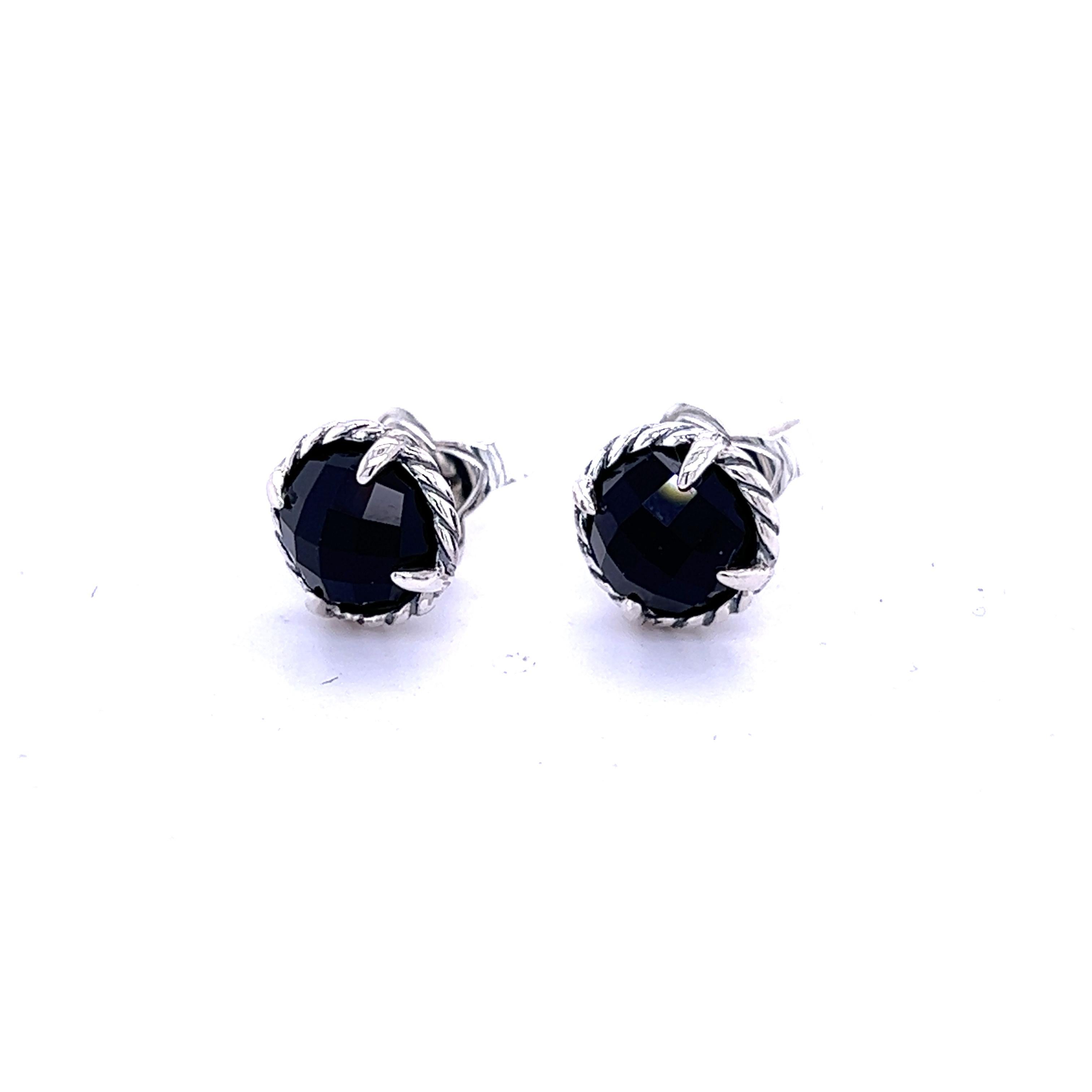 David Yurman Authentic Estate Black Onyx Chantelaine Stud Earrings Silver  For Sale 3