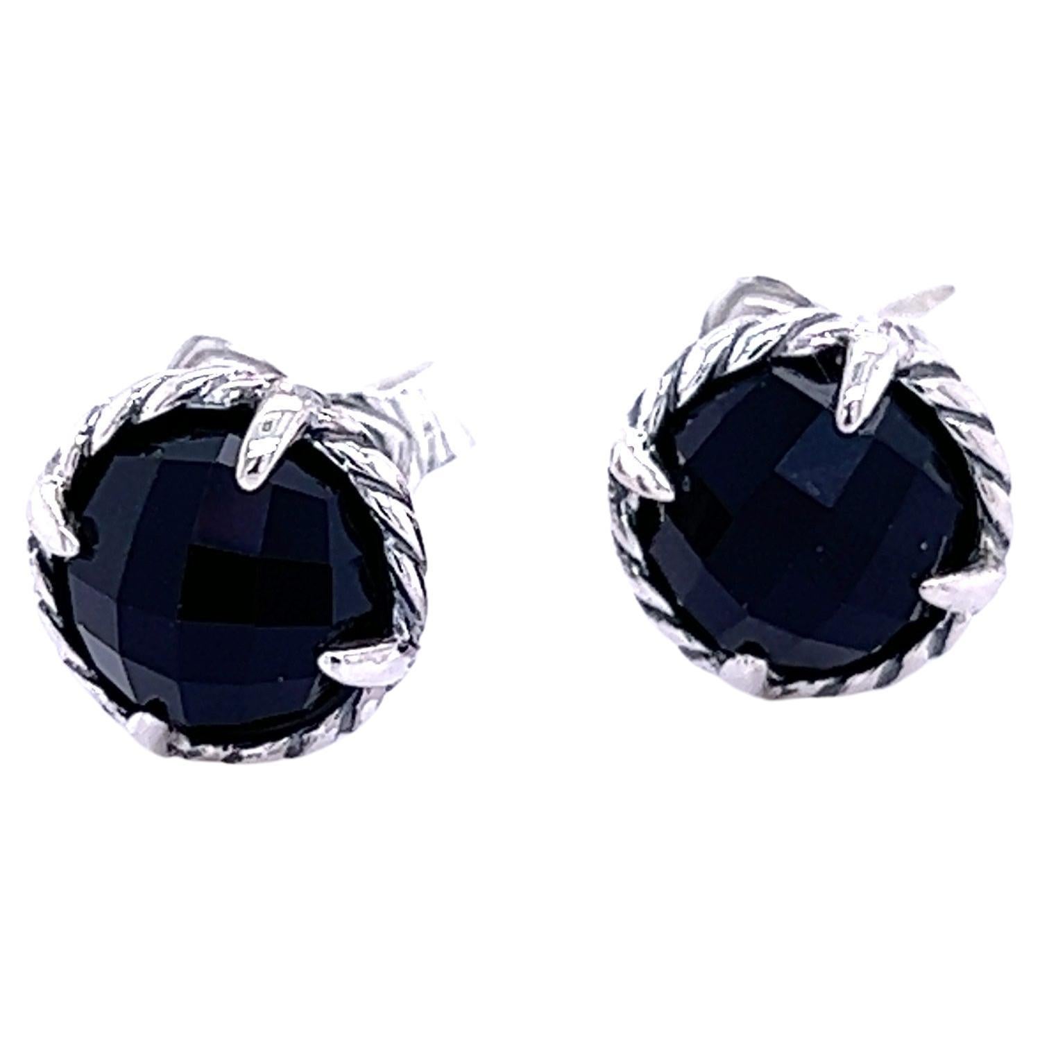 David Yurman Authentic Estate Black Onyx Chantelaine Stud Earrings Silver  For Sale