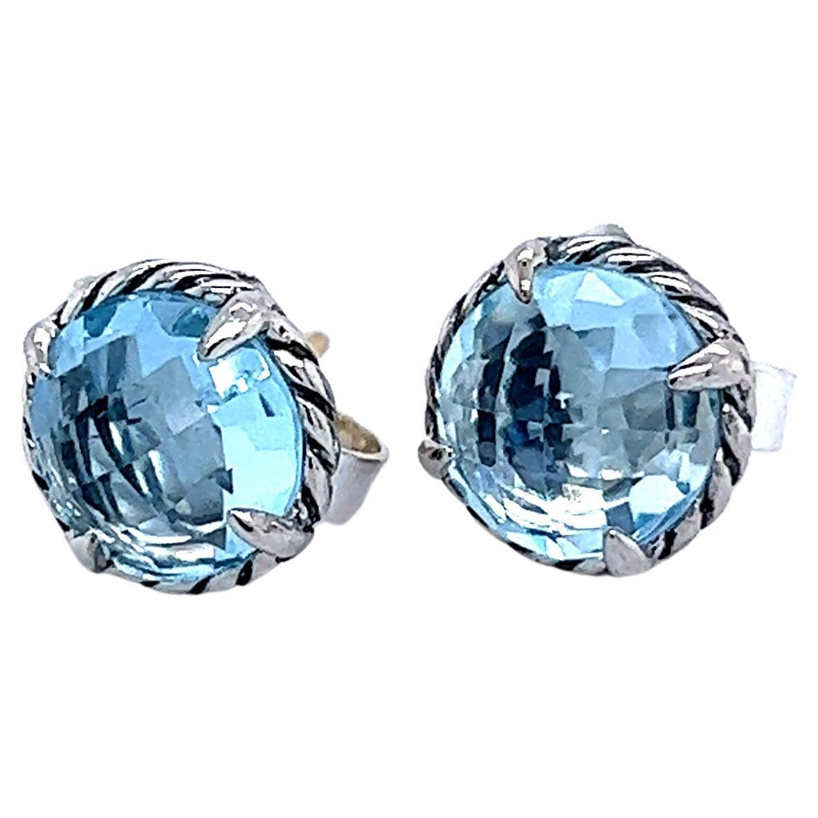 David Yurman Authentic Estate Blue Topaz Chantelaine Earrings 5.30 Cts Silver