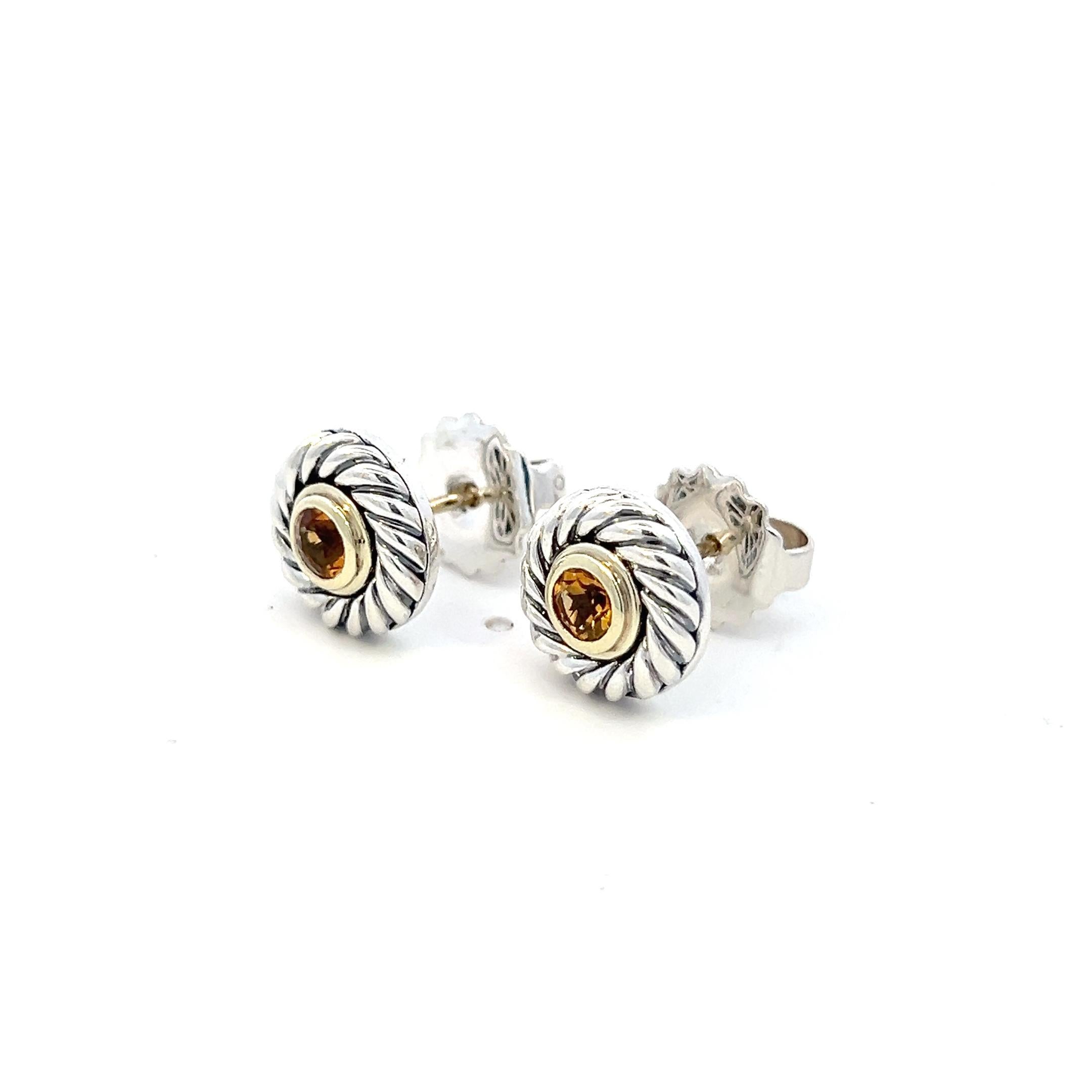 Round Cut David Yurman Authentic Estate Citrine Stud Earrings 14k + Silver