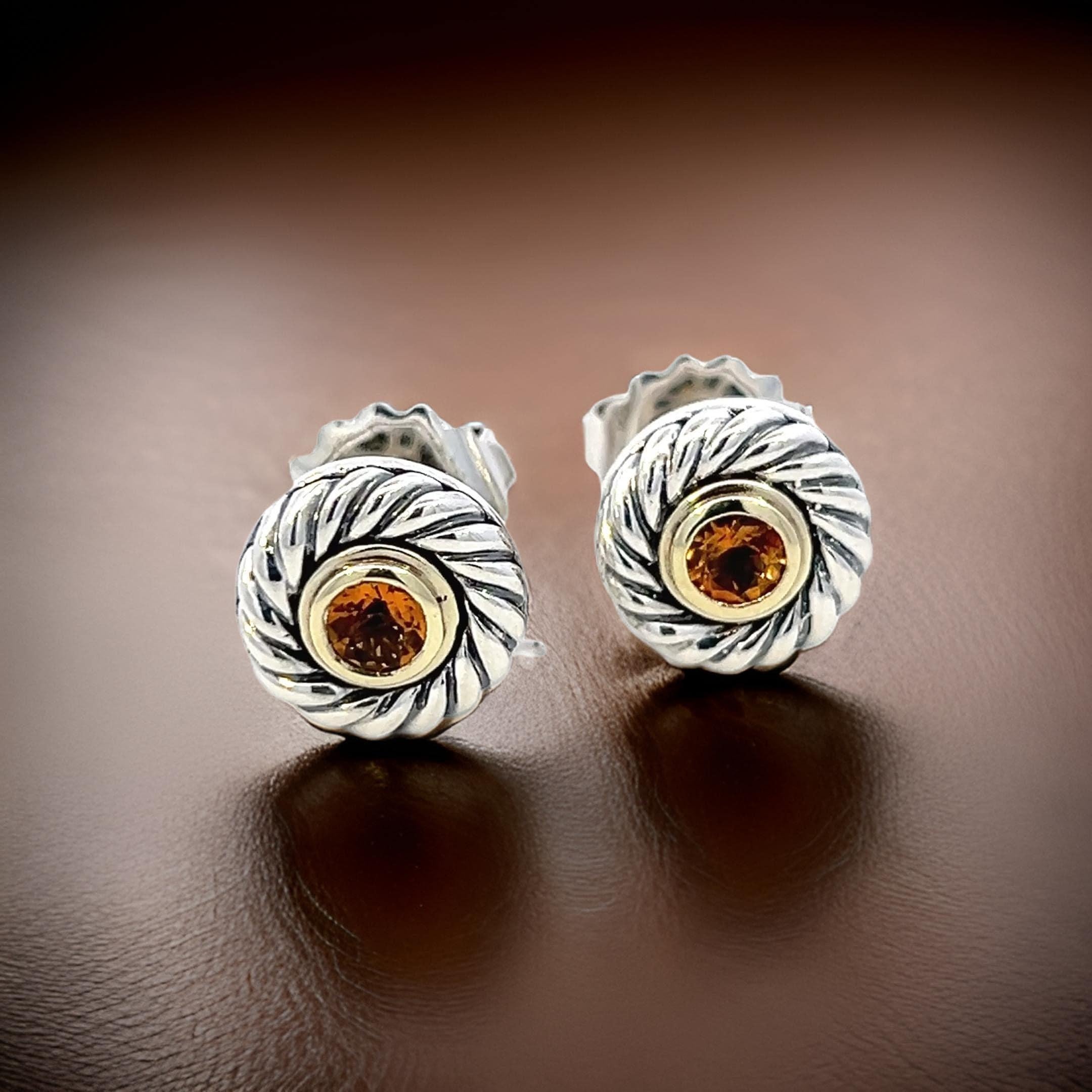 David Yurman Authentic Estate Citrine Stud Earrings 14k + Silver In Good Condition In Brooklyn, NY