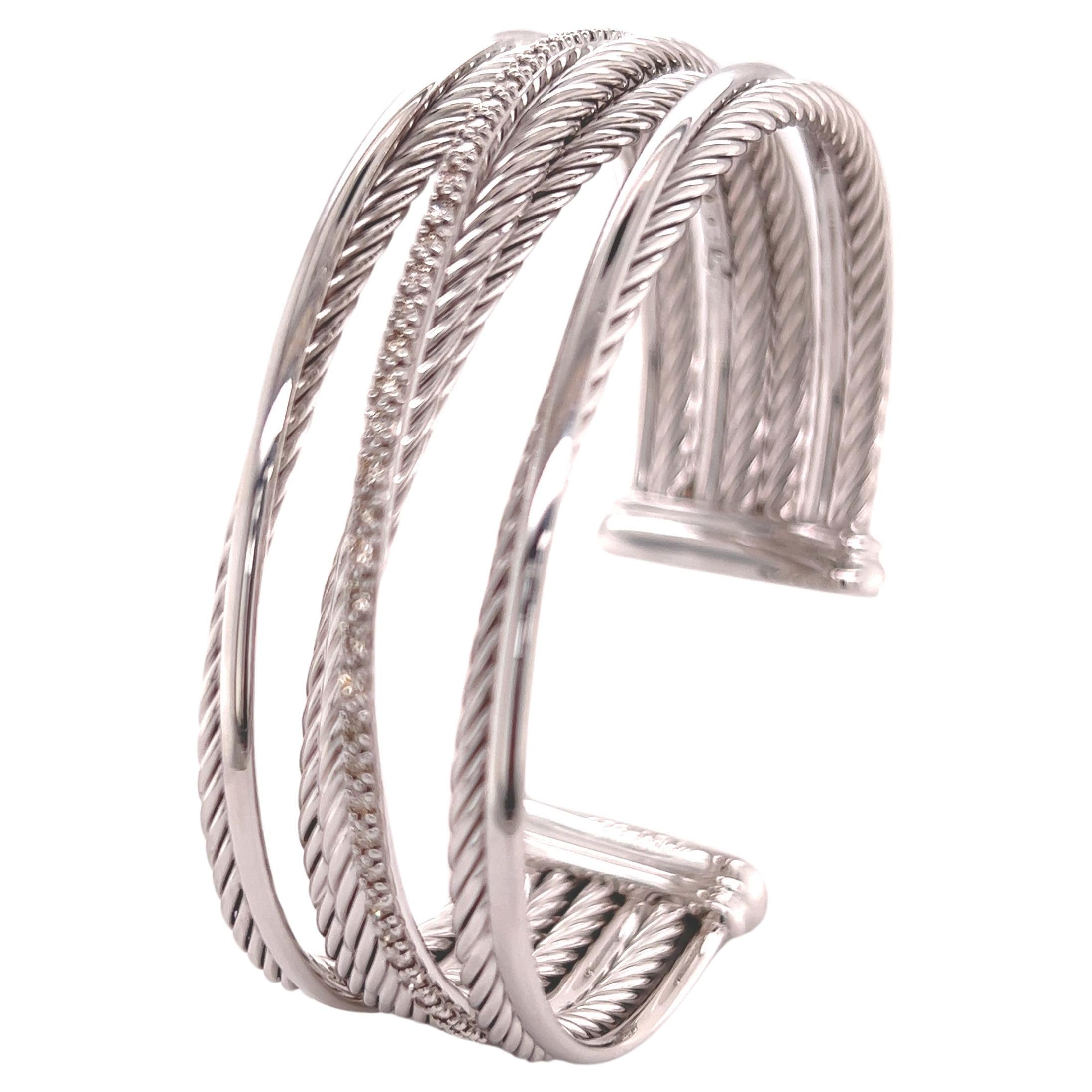 David Yurman Authentic Estate Diamond Crossover Cuff Bracelet M 7.5" Silver For Sale