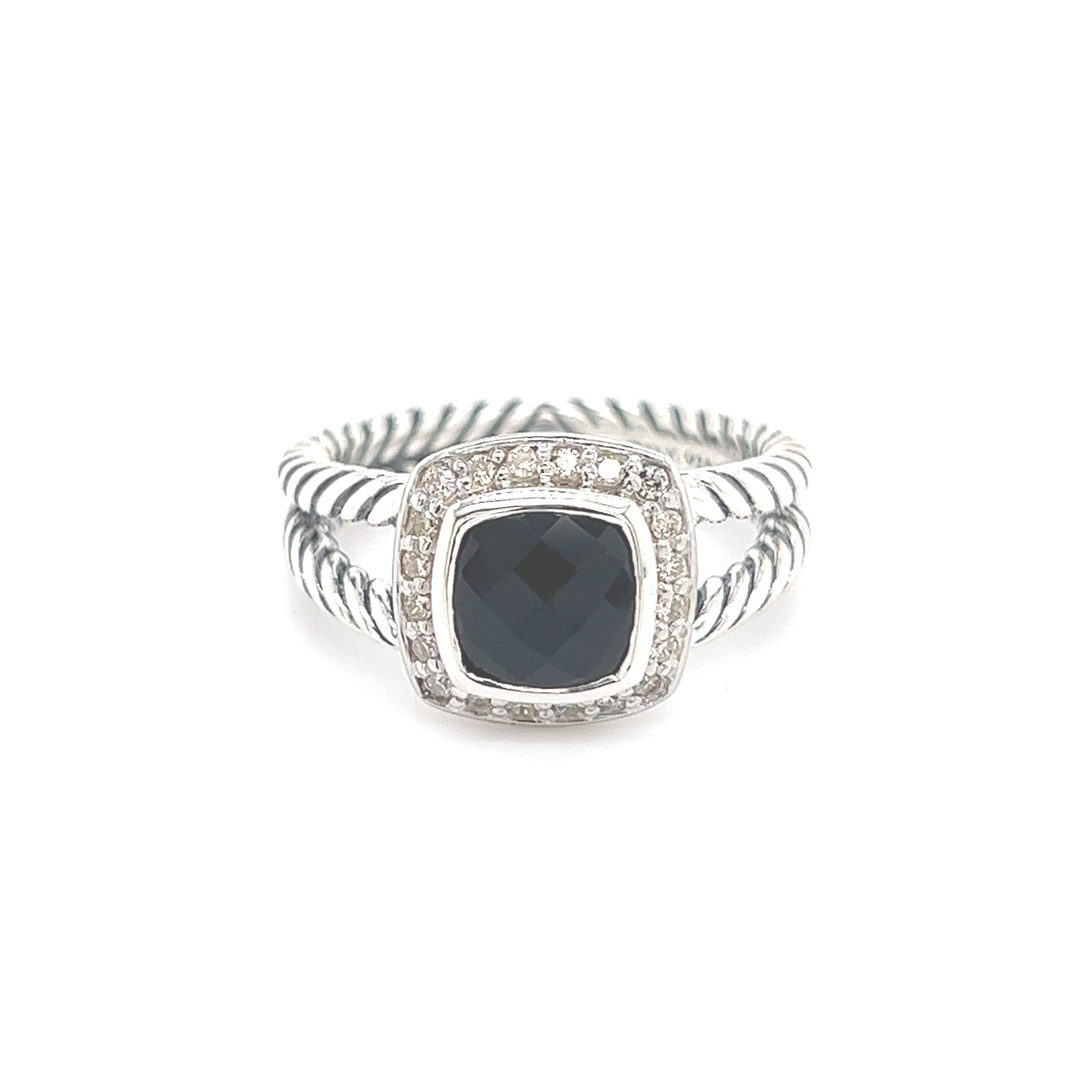 David Yurman Authentic Estate Diamond Onyx Petite Albion Ring 7 Silver 7