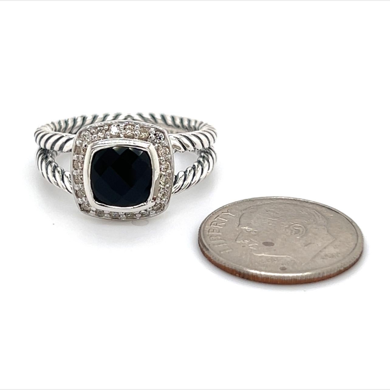 David Yurman Authentic Estate Diamond Onyx Petite Albion Ring 7 Silver In Good Condition In Brooklyn, NY