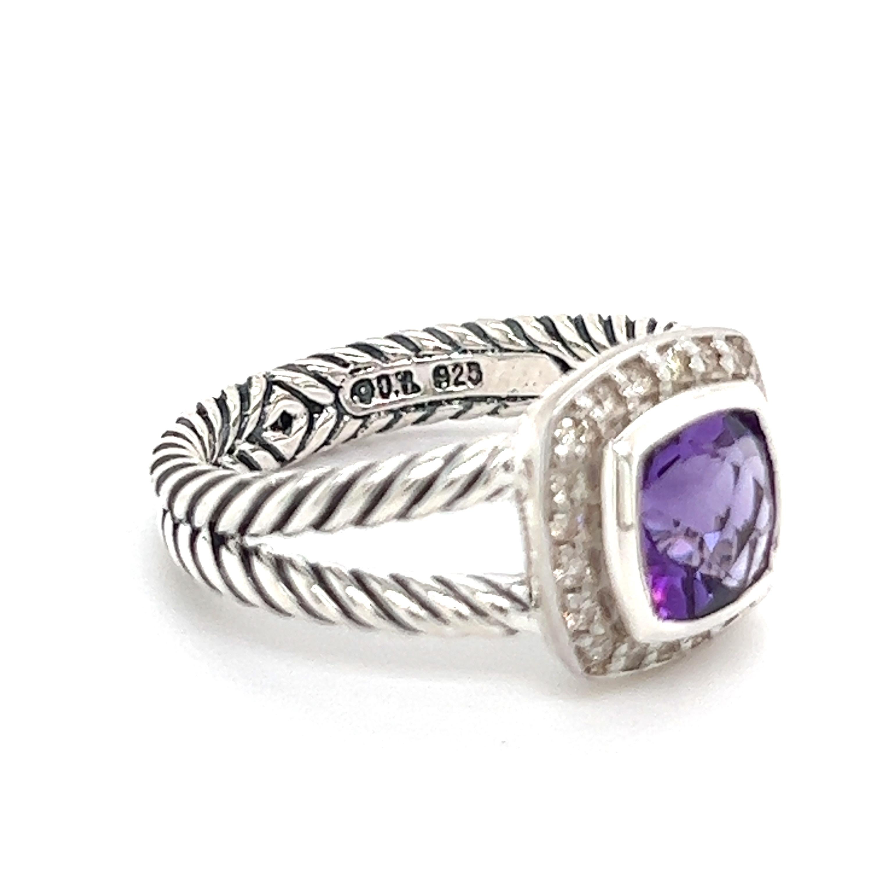 David Yurman Authentic Estate Diamond Petite Albion Amethyst Ring Sil 1.67 TCW In Good Condition For Sale In Brooklyn, NY