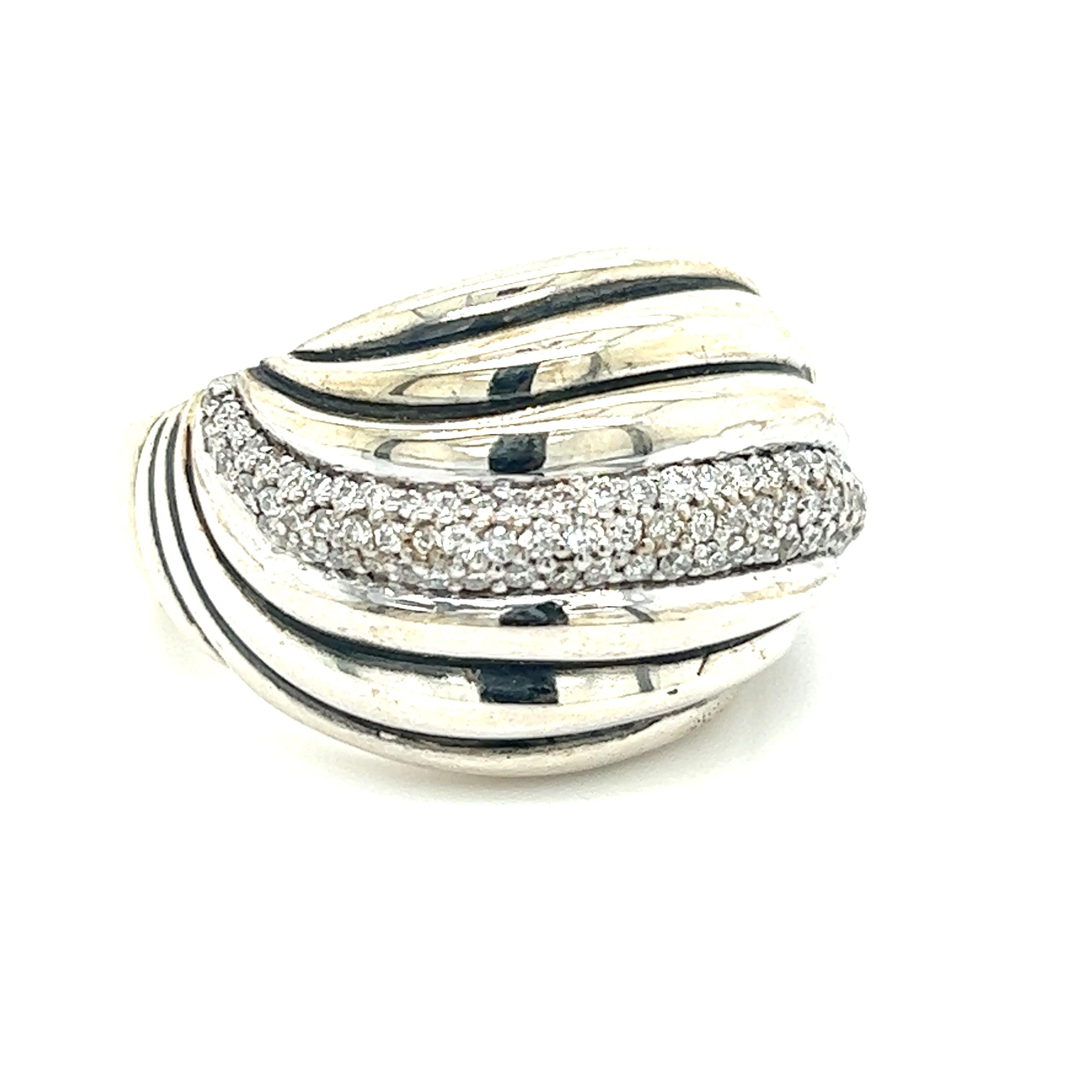 Round Cut David Yurman Authentic Estate Diamond Sculpted Cable Ring 7.75 Silver For Sale