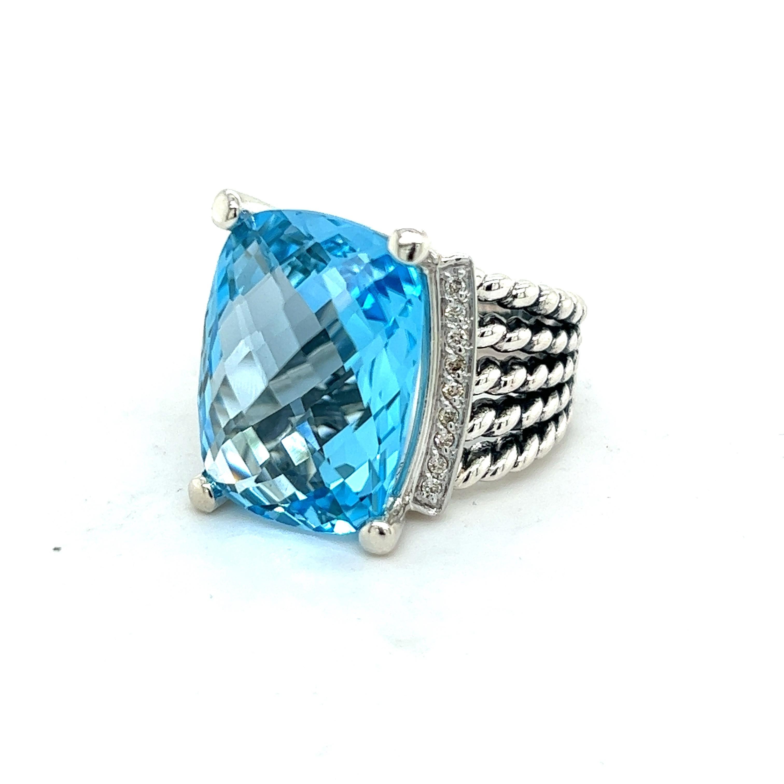Brilliant Cut David Yurman Authentic Estate Diamond Wheaton Blue Topaz Ring 8.5 Silver