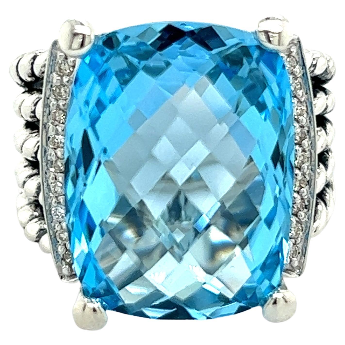 David Yurman Authentic Estate Diamond Wheaton Blue Topaz Ring 8.5 Silver