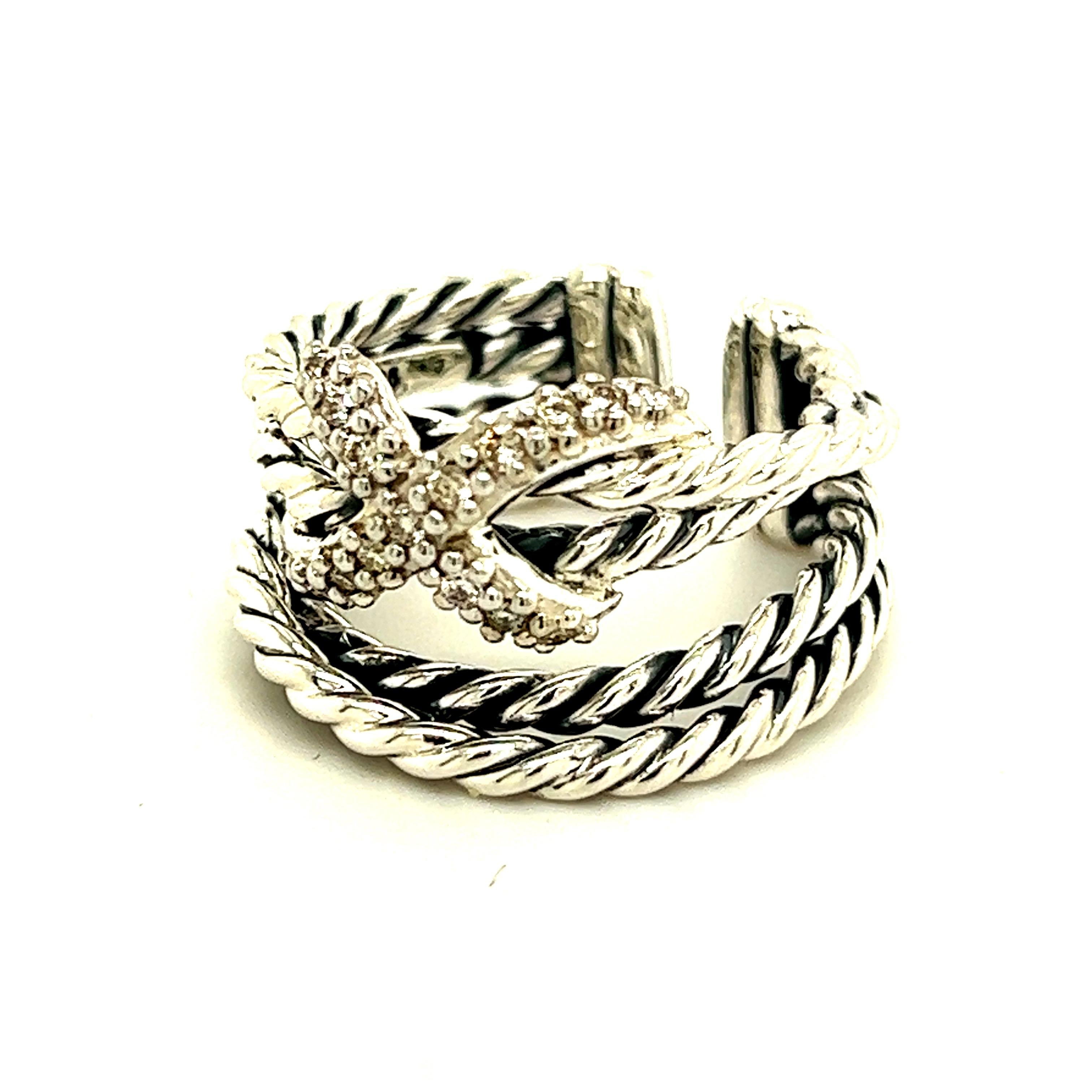 David Yurman Authentic Estate Expandable X Crossover Diamond Ring 6 Silver In Good Condition For Sale In Brooklyn, NY