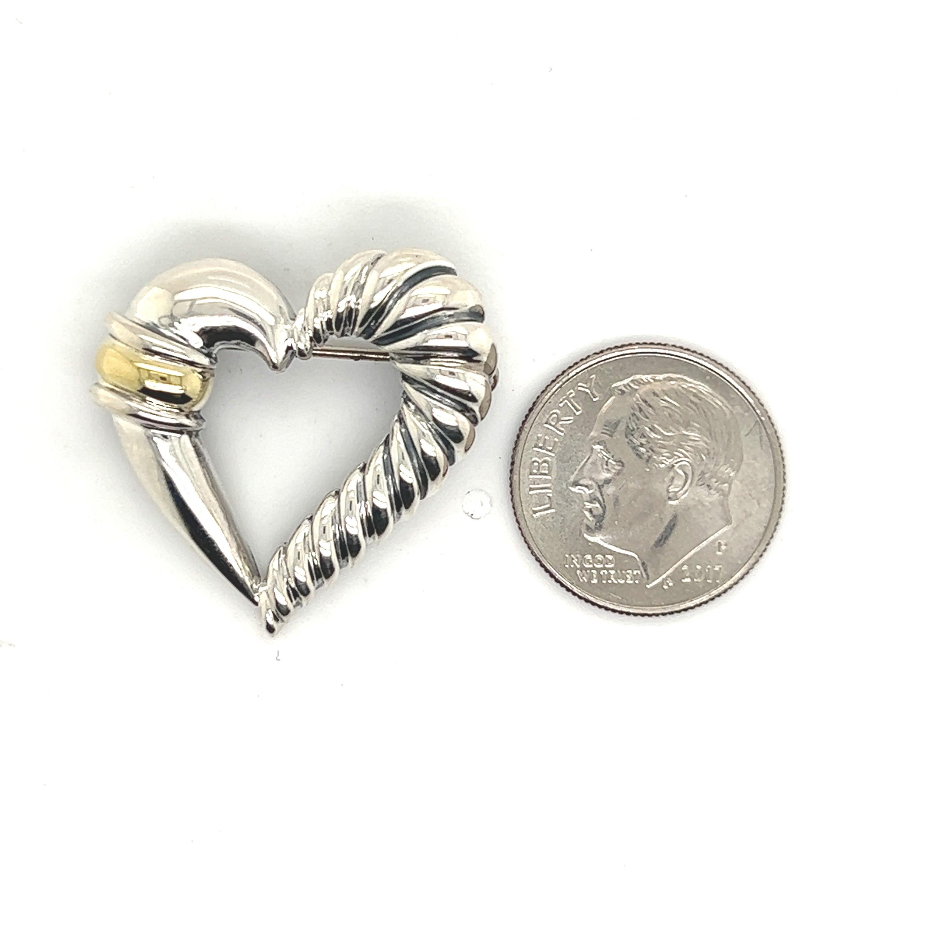 David Yurman Authentic Estate Heart Brooch Pin 14k Gold + Silver In Good Condition For Sale In Brooklyn, NY