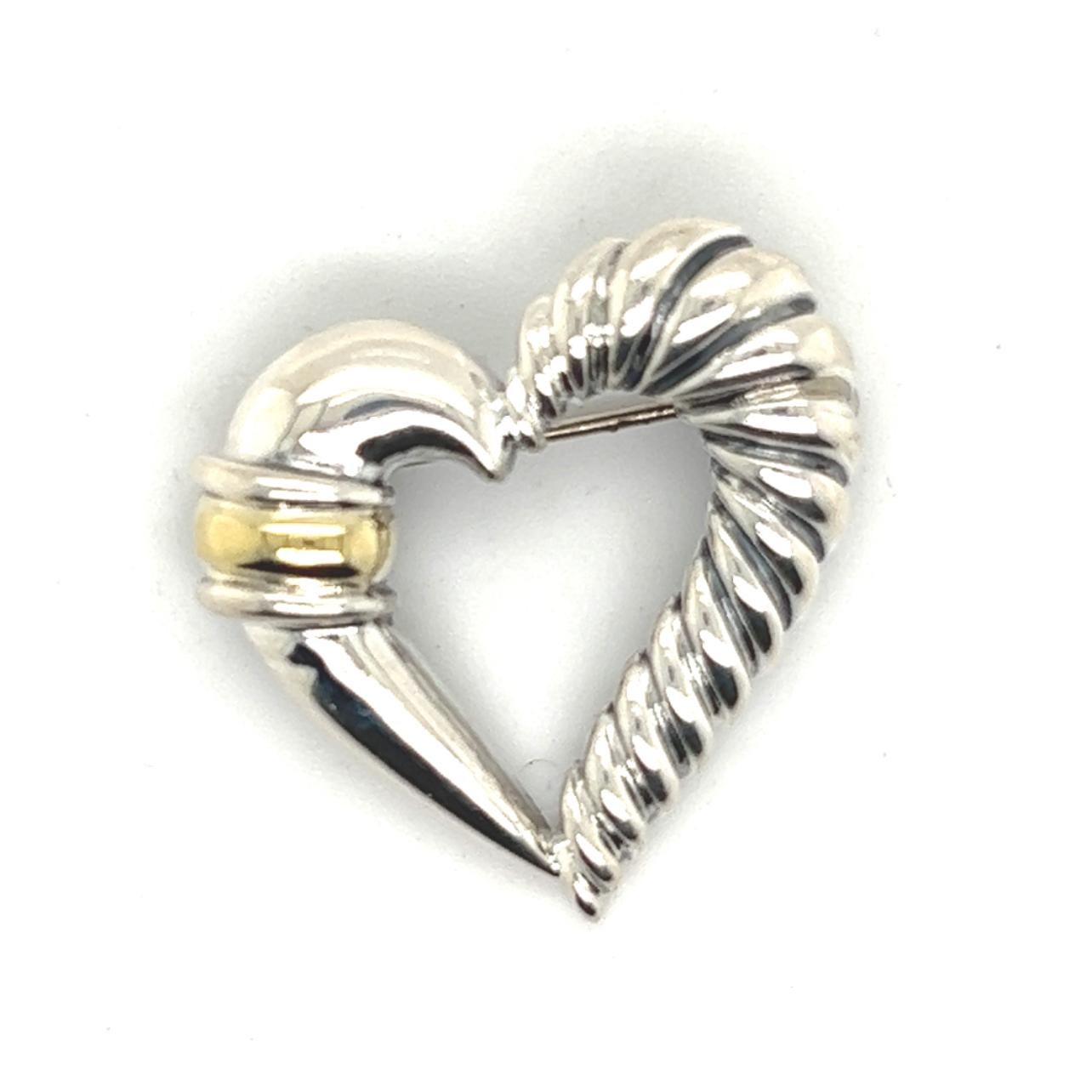 Women's David Yurman Authentic Estate Heart Brooch Pin 14k Gold + Silver For Sale