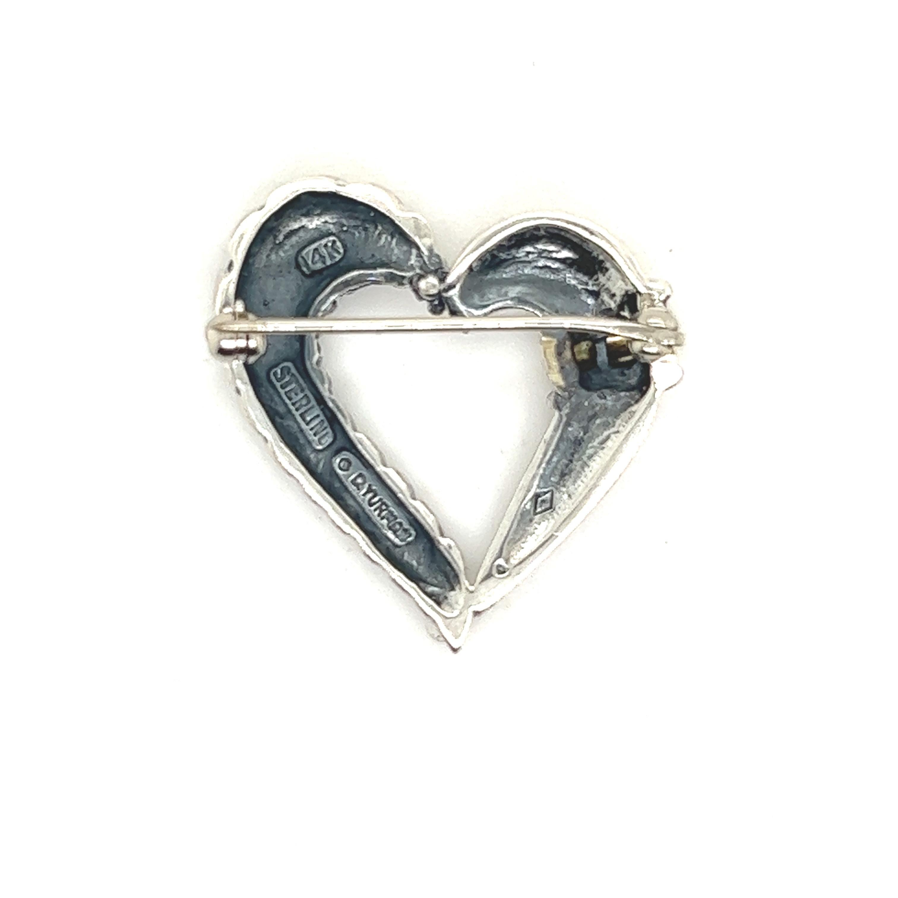 David Yurman Authentic Estate Heart Brooch Pin 14k Gold + Silver For Sale 1