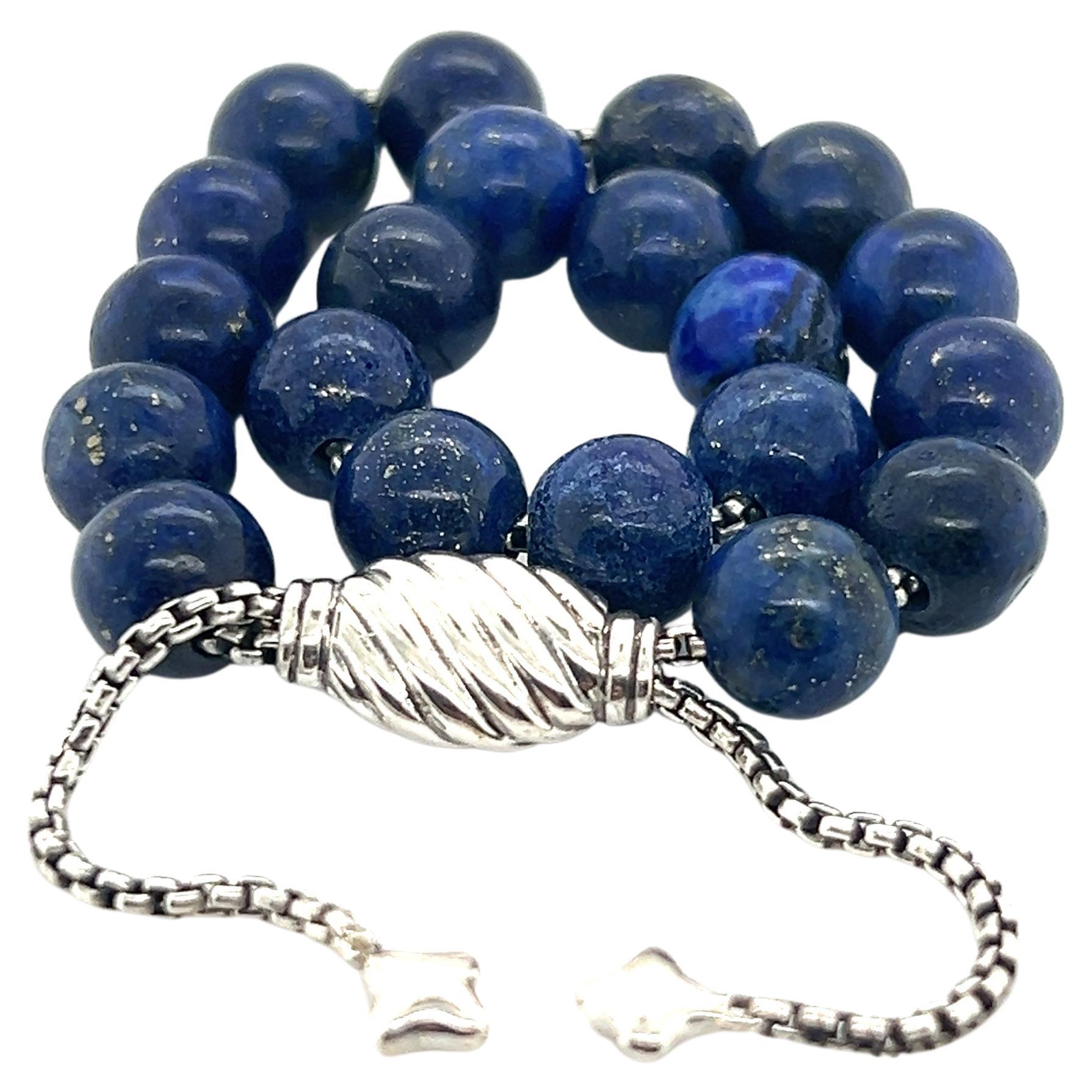 David Yurman Authentic Estate Lapis Lazuli Beads Bracelet 6.6 - 8.5" Silver 8 mm