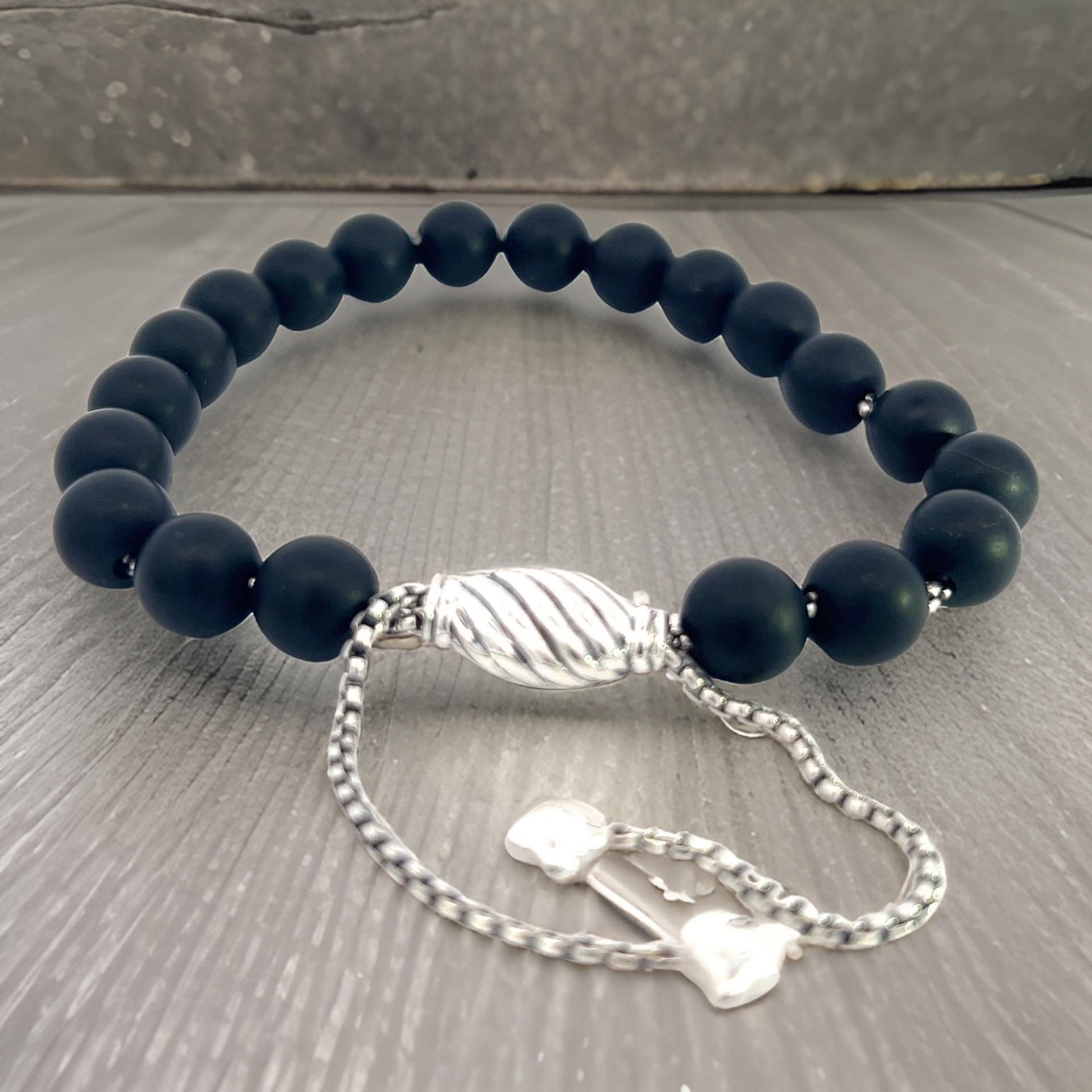 David Yurman Authentic Estate Matte Onyx Spiritual Beads Bracelet sil 8.5