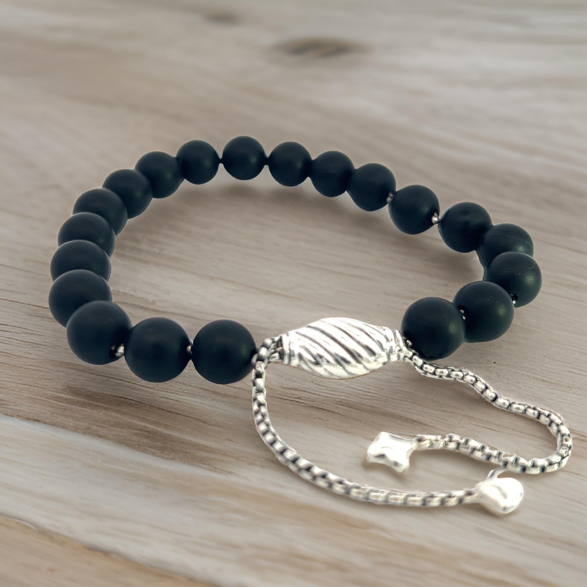 David Yurman Authentic Estate Matte Onyx Spiritual Beads Bracelet sil 8.5
