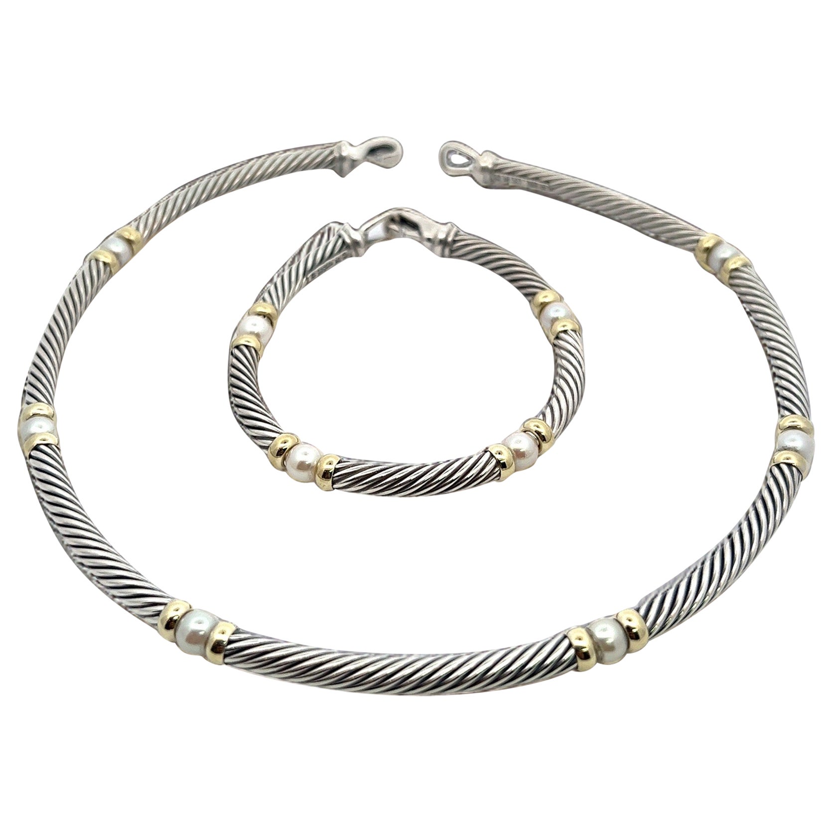 David Yurman Authentische Nachlass-Perlenkette 17" + Armband 7,5" Silber 14K Gold im Angebot