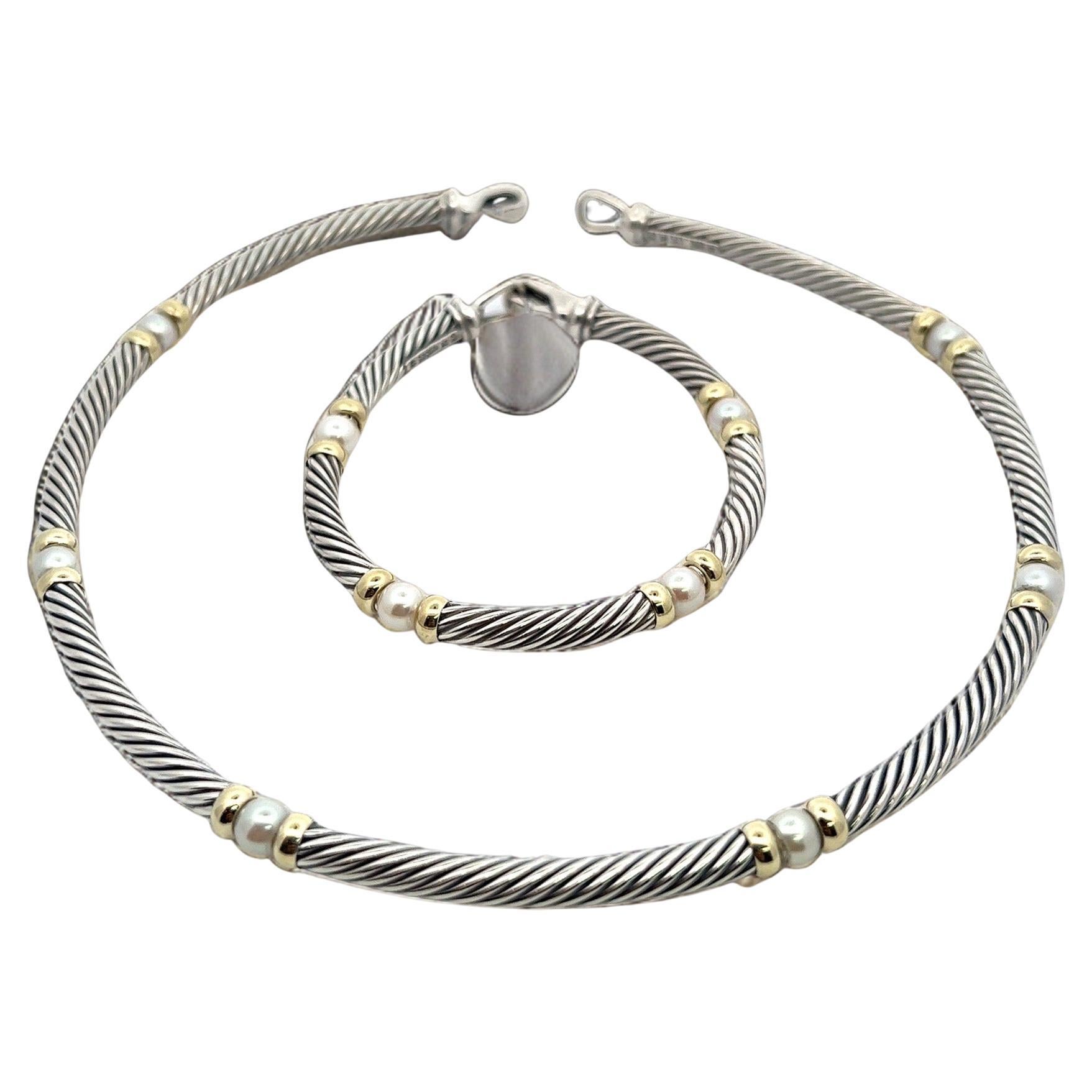 David Yurman Authentic Estate Pearl Necklace 17" + Bracelet Set 7.5" Silver Gold For Sale