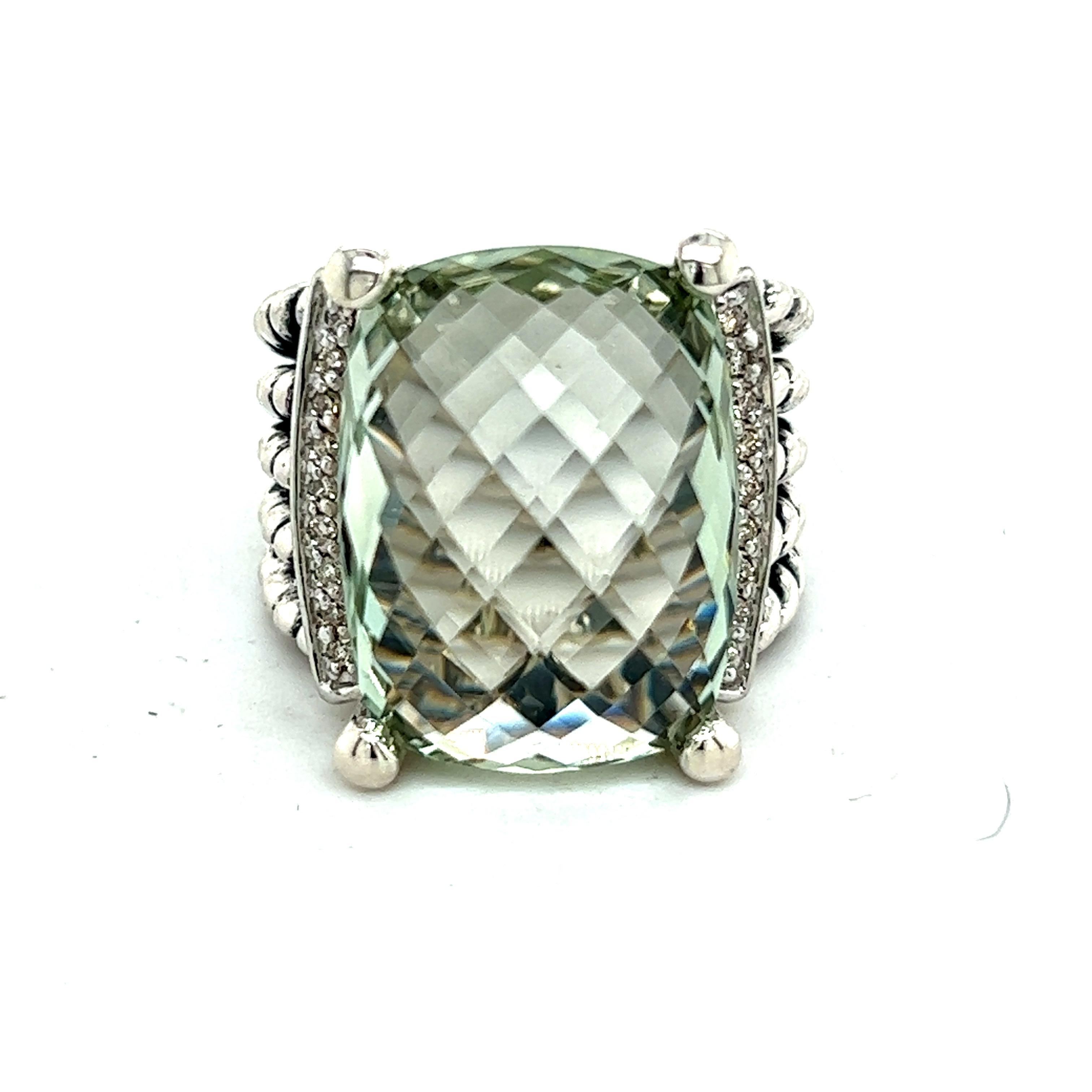 David Yurman Authentic Estate Wheaton Prasiolite Pave Diamond Ring 7.5 Silver In Good Condition For Sale In Brooklyn, NY