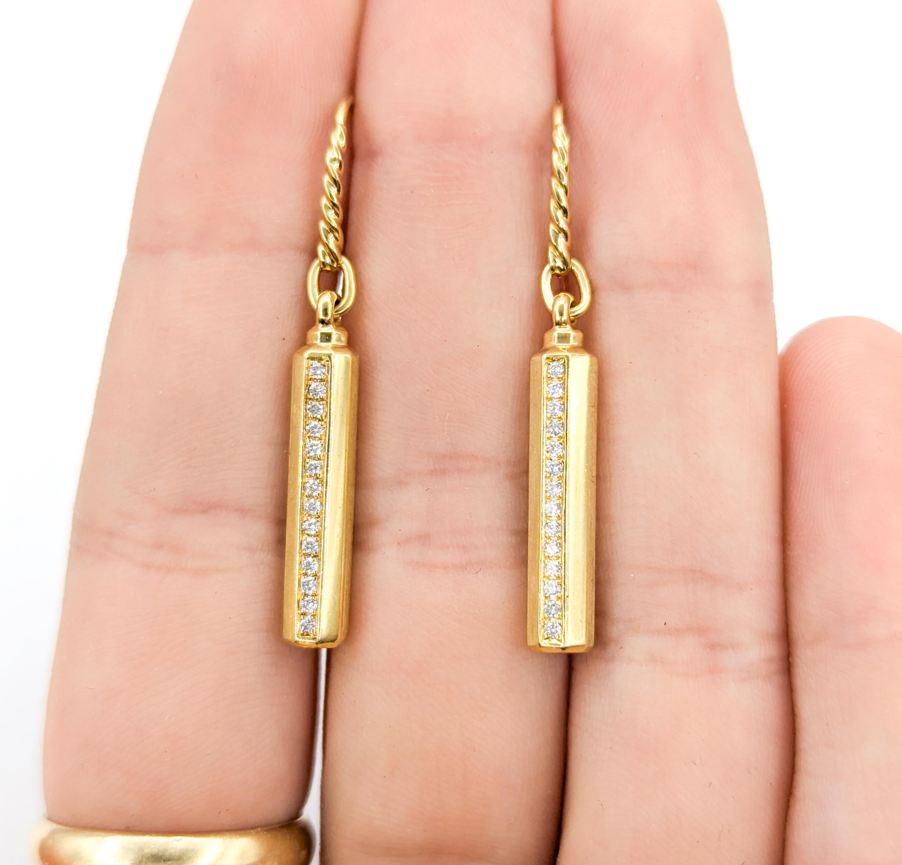 David Yurman Barrel Diamond Drop Earrings in 18k Yellow Gold In Excellent Condition In Bloomington, MN