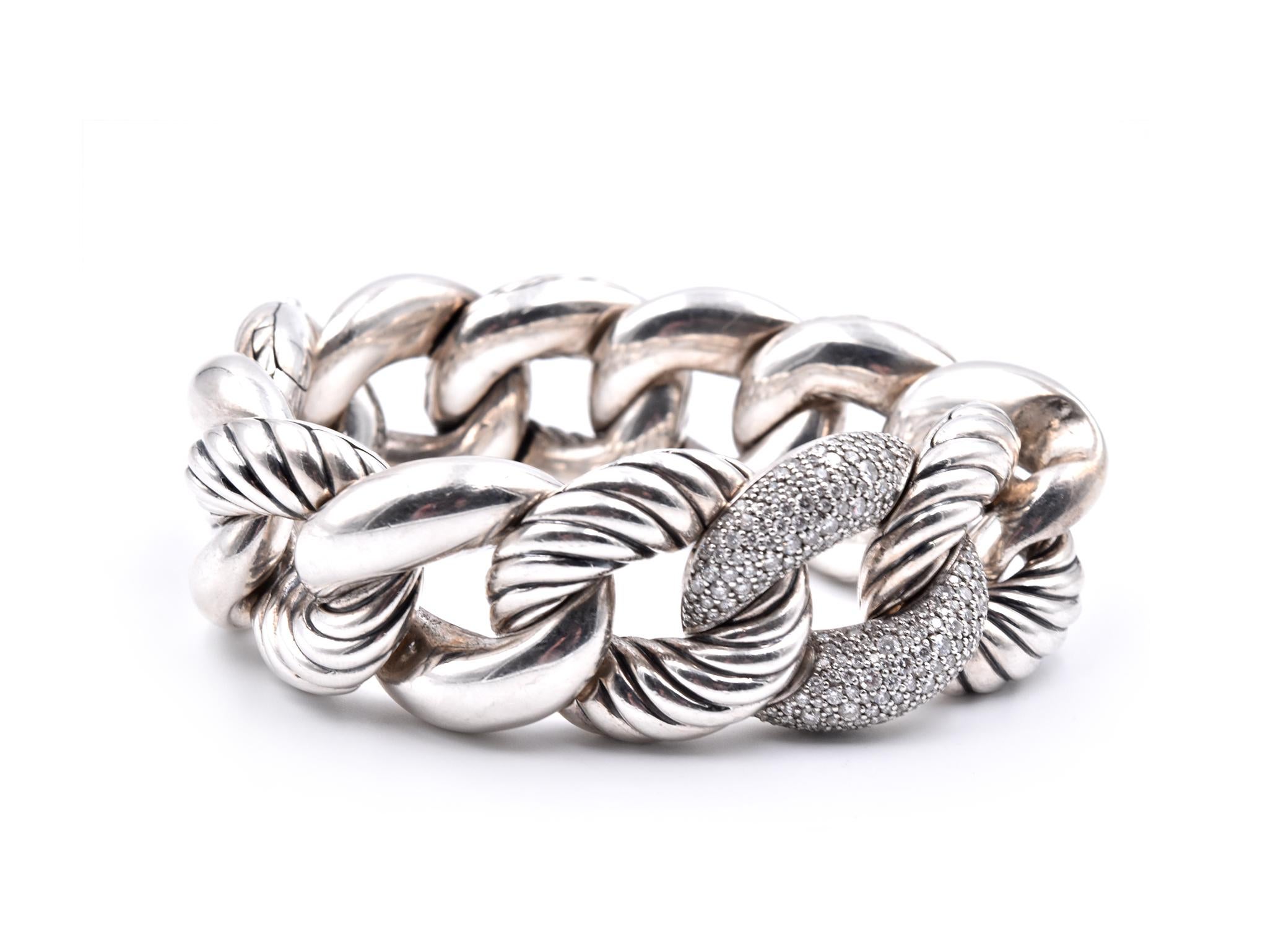 Designer: David Yurman
Material: sterling silver 
Diamonds: 1.10cttw 
Color: G
Clarity: VS
Dimensions: bracelet is 25mm wide and 8-inches long
Weight: 130.83 grams
Retail: $5,800
