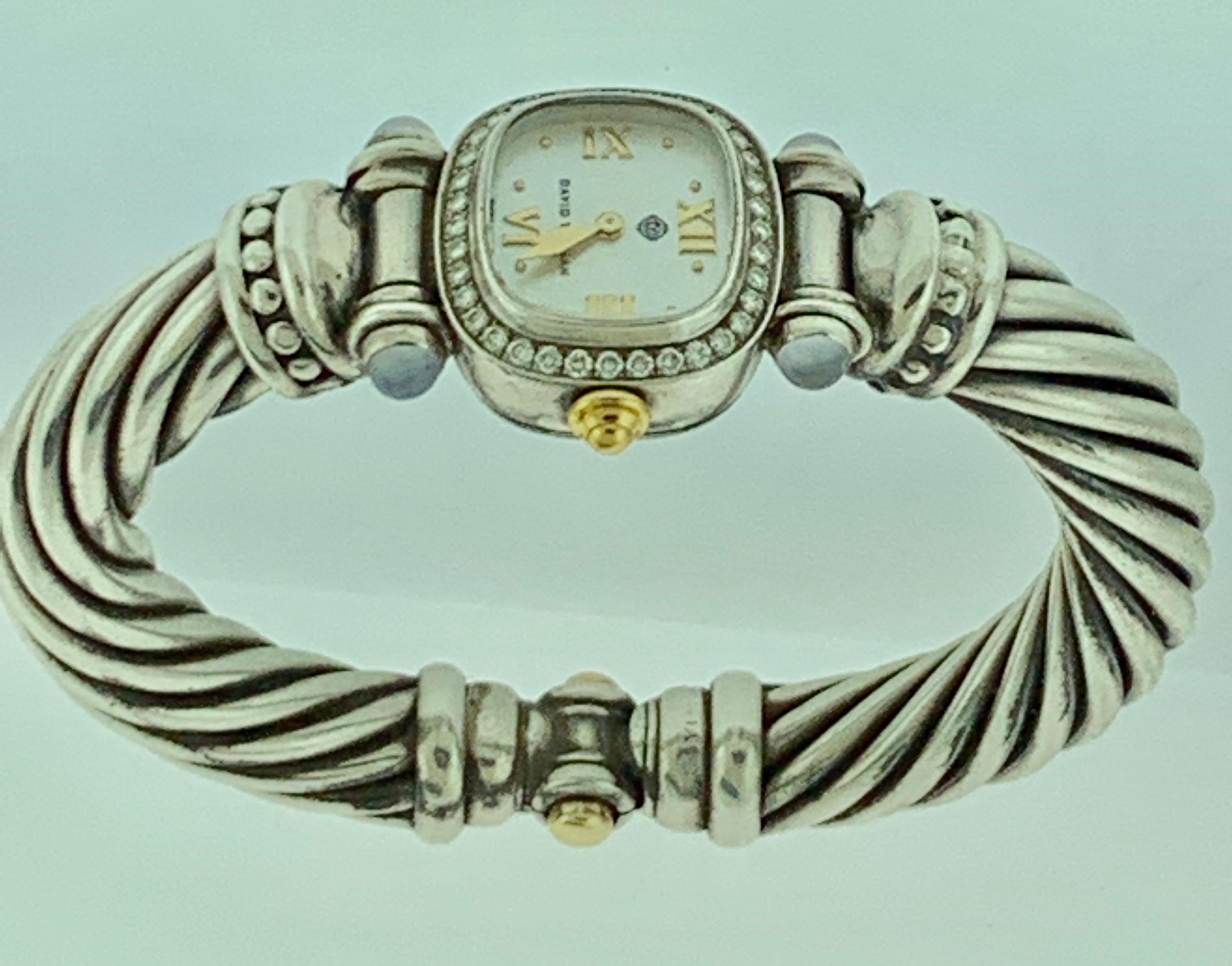 David Yurman Bezel Diamond Watch Cable Bracelet Sterling Silver 14 Karat Gold In Excellent Condition In New York, NY