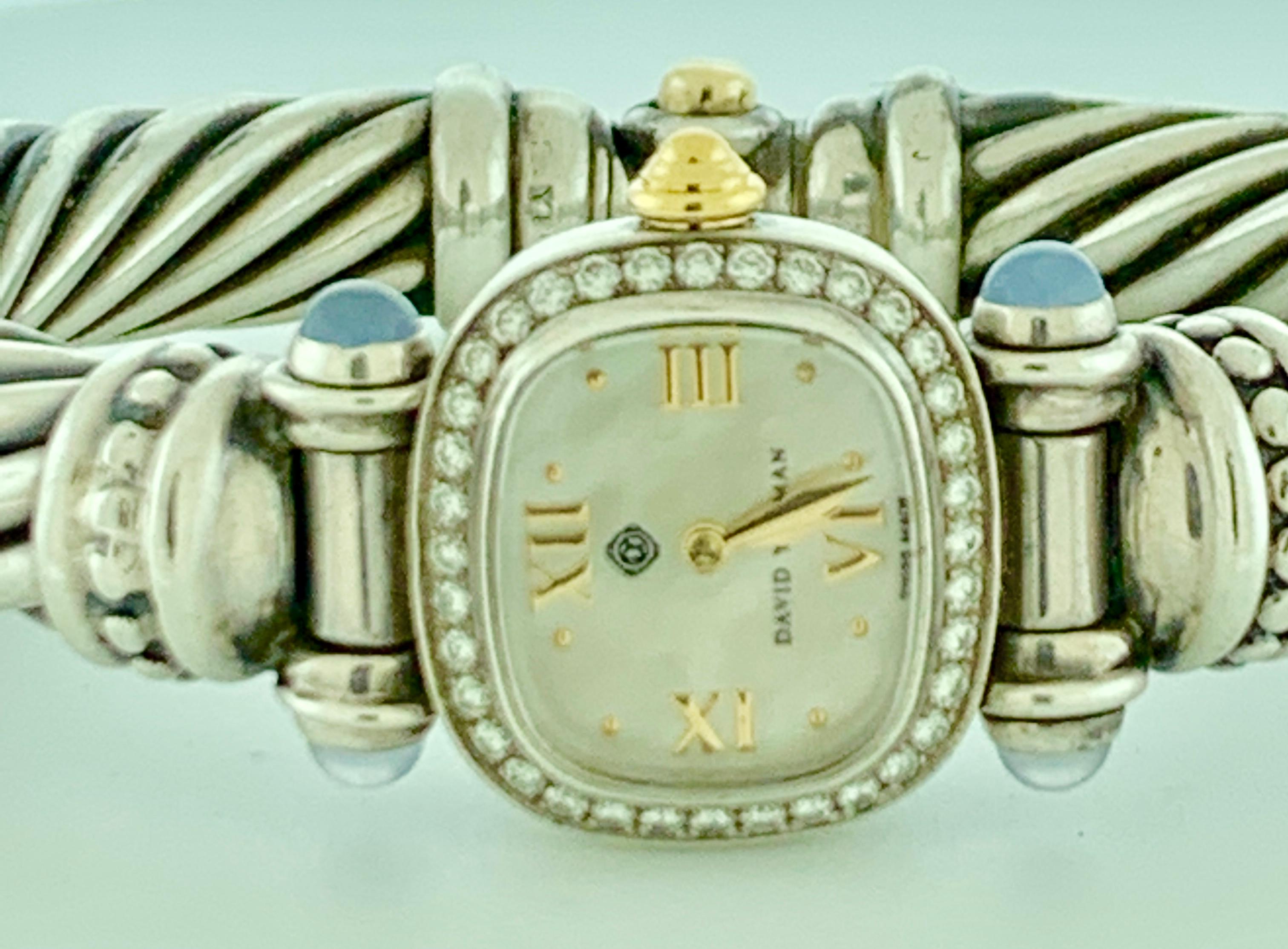 David Yurman Bezel Diamond Watch Cable Bracelet Sterling Silver 14 Karat Gold 1