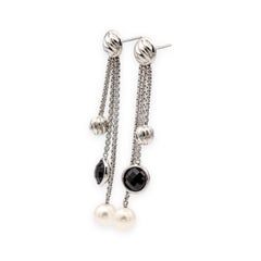 David Yurman Bijoux 18K White Gold Onyx & Pearl Box-Chain Dangle Earrings 2.5”