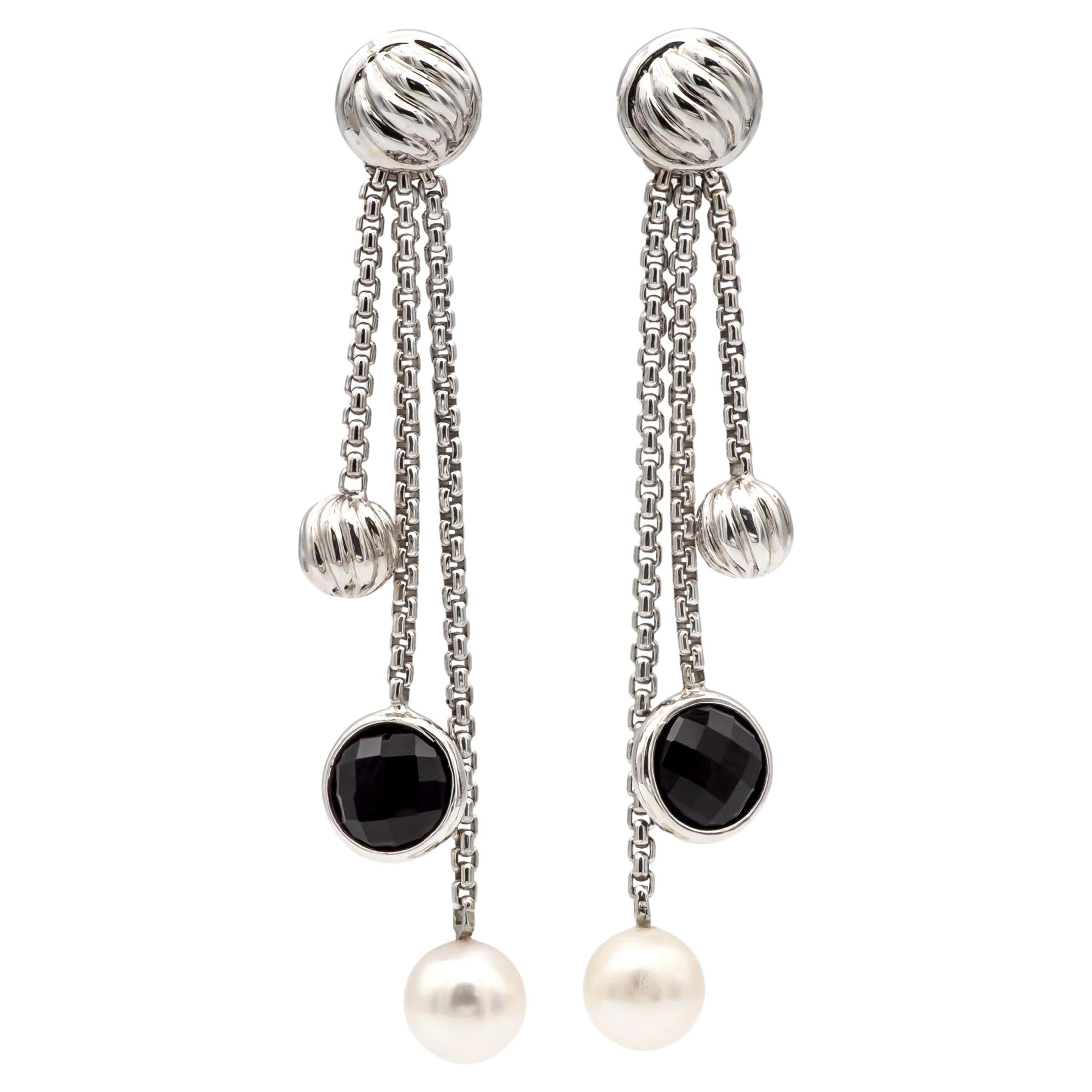 David Yurman Bijoux - Orecchini a catena in oro bianco 18 carati con onice e perle, 2,5 pollici