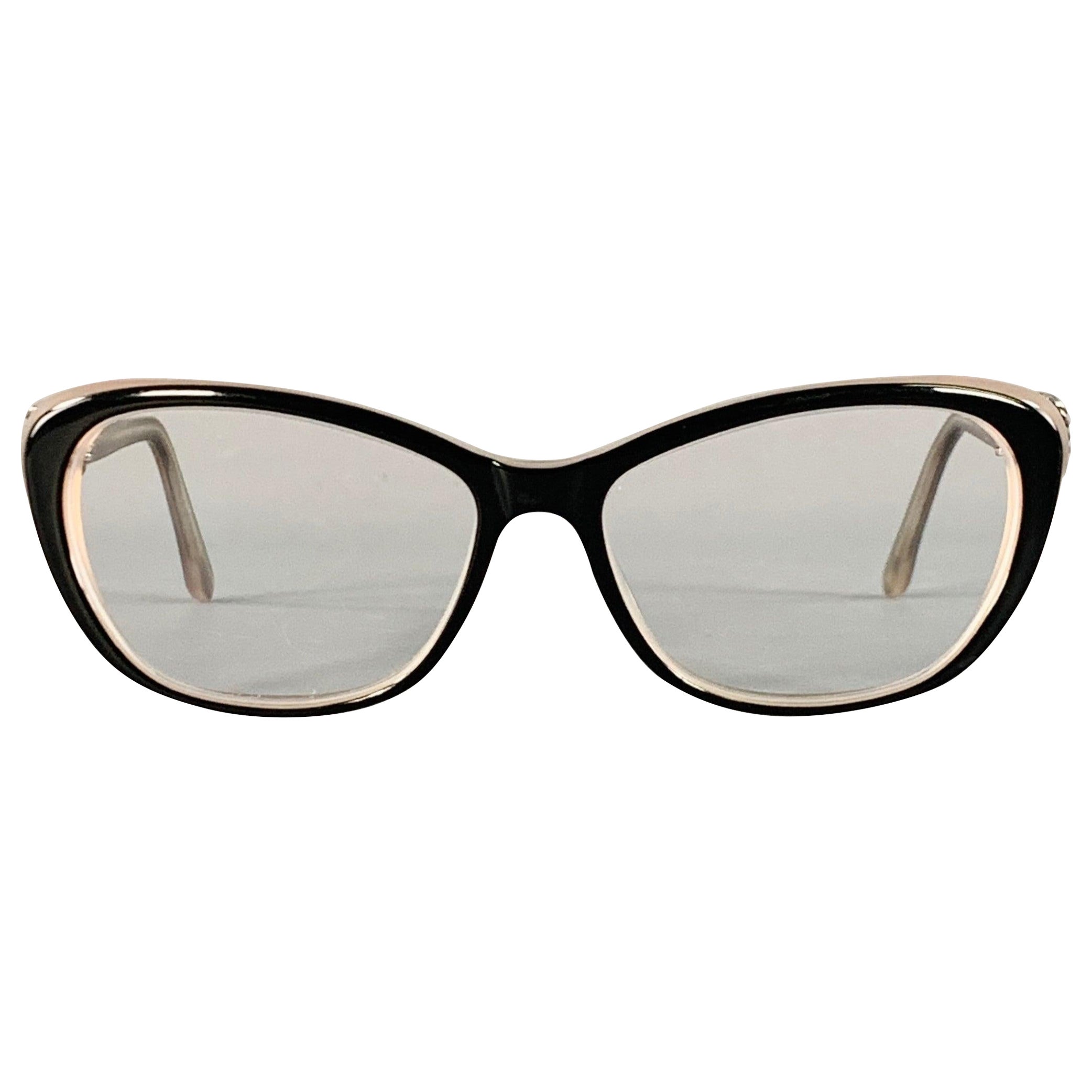 DAVID YURMAN Black Beige Embellished Acetate Narrow Cat Eye Frames Eyewear For Sale