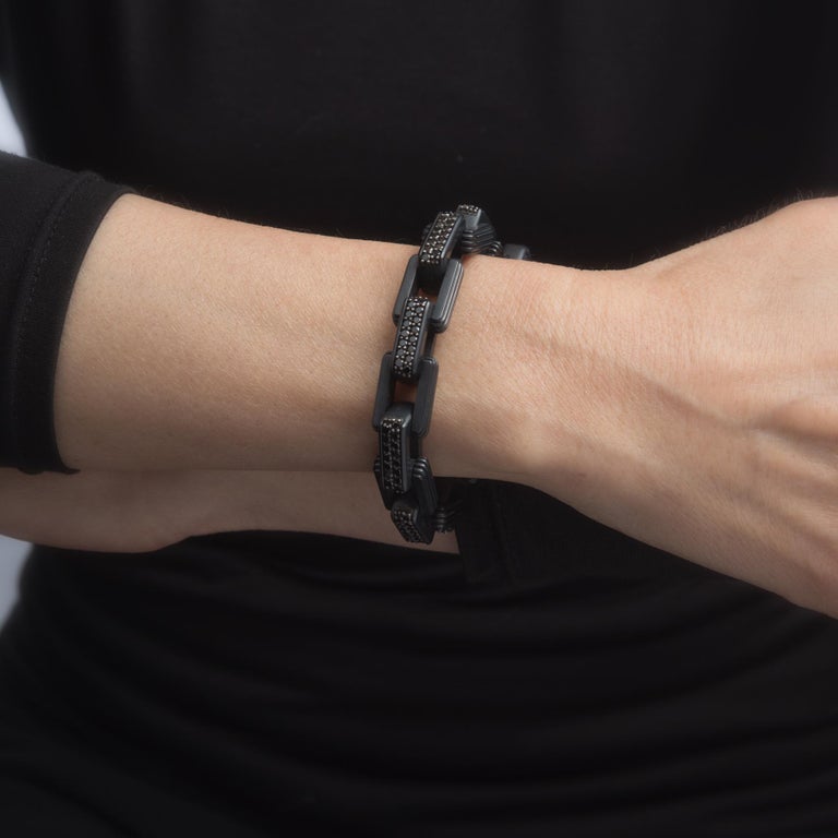 David Yurman Black Diamond Chain Link Bracelet Estate Silver Titanium