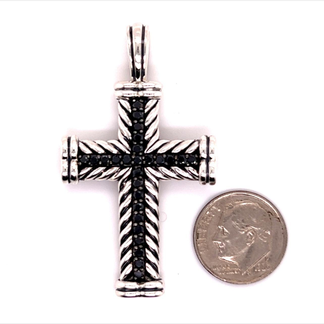 David Yurman Pendentif croix en argent à chevrons et diamants noirs de 16,5 g en vente 7