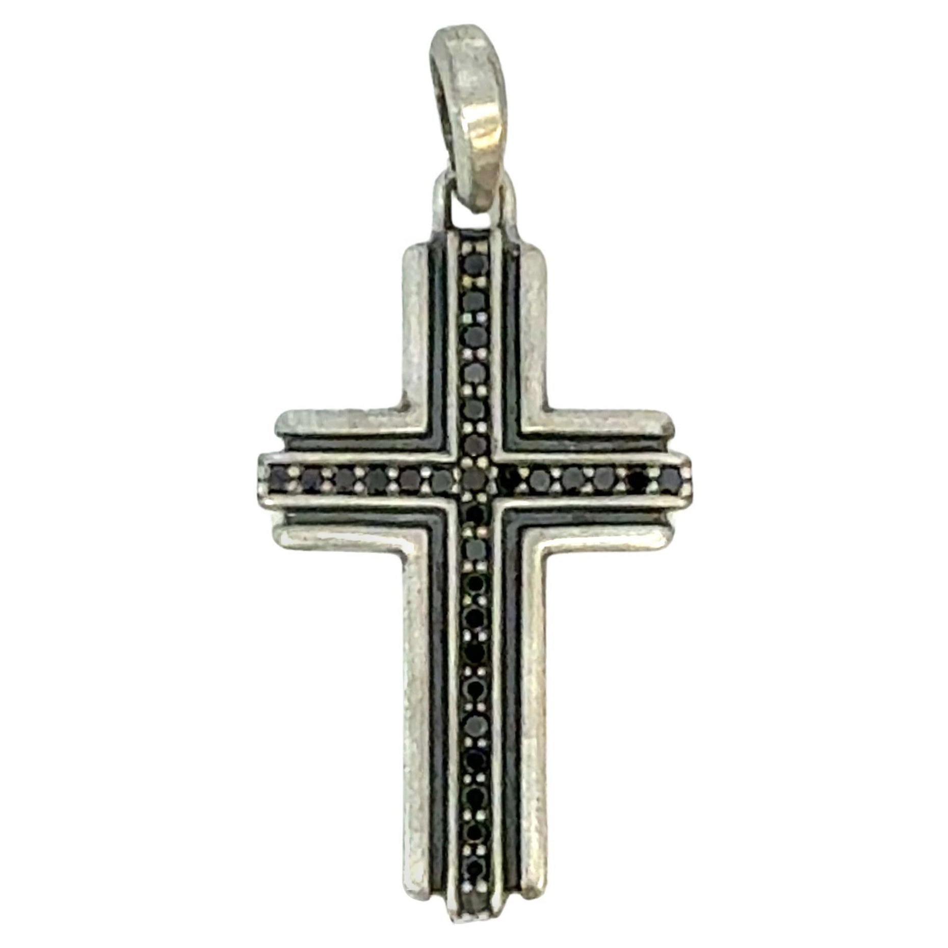 David Yurman Black Diamond Cross Pendant Sterling Silver Estate