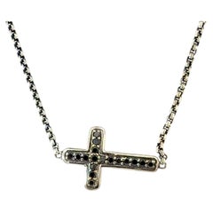 David Yurman Black Diamond Cross Pendant with 16" Chain Sterling Silver Estate