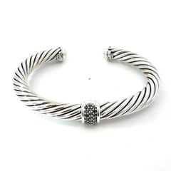 David Yurman Black Diamond Cuff Bracelet Size 7.5" Silver 7 mm Estate
