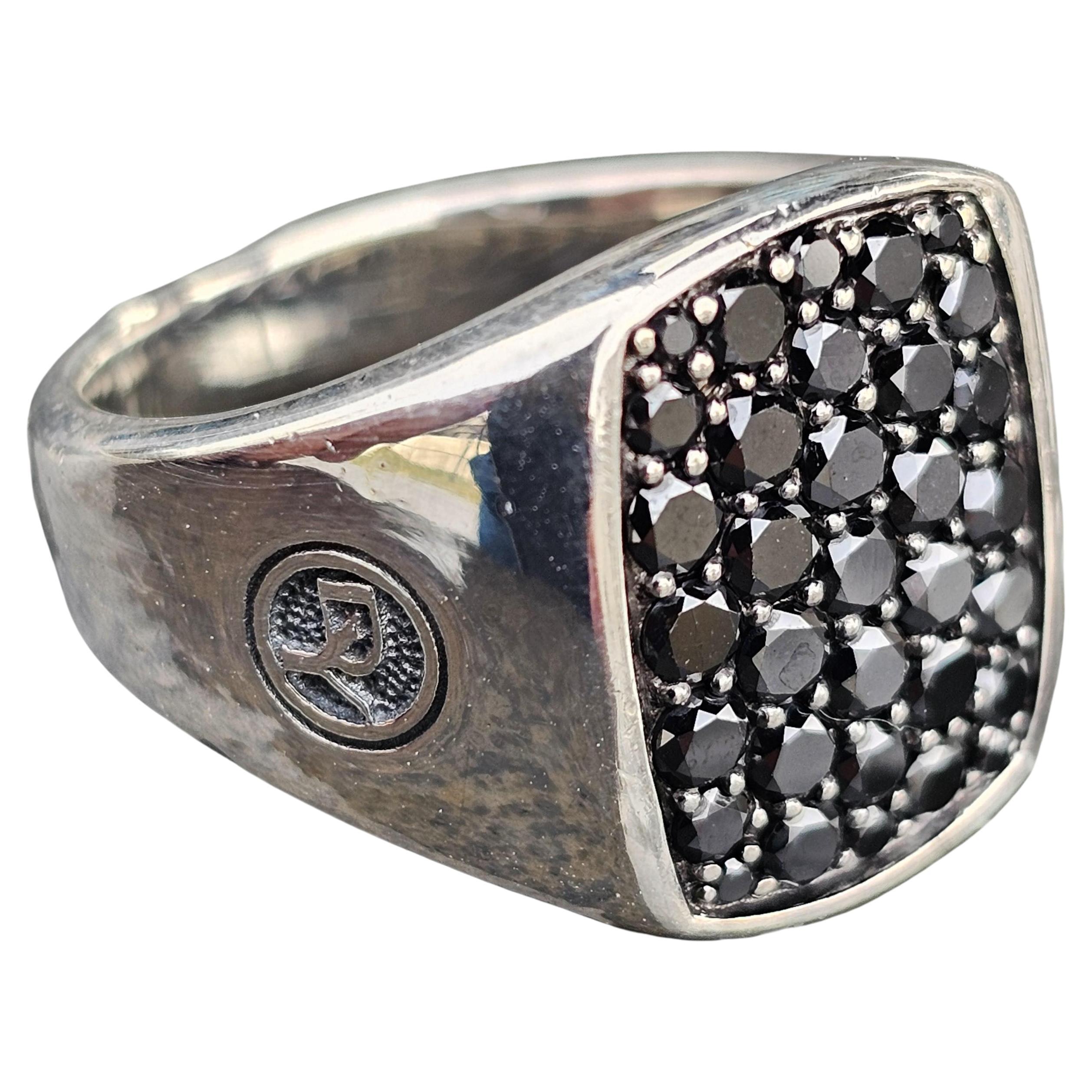 Round Cut David Yurman Black Diamond Signet Ring Streamline Sterling Silver size 7 For Sale
