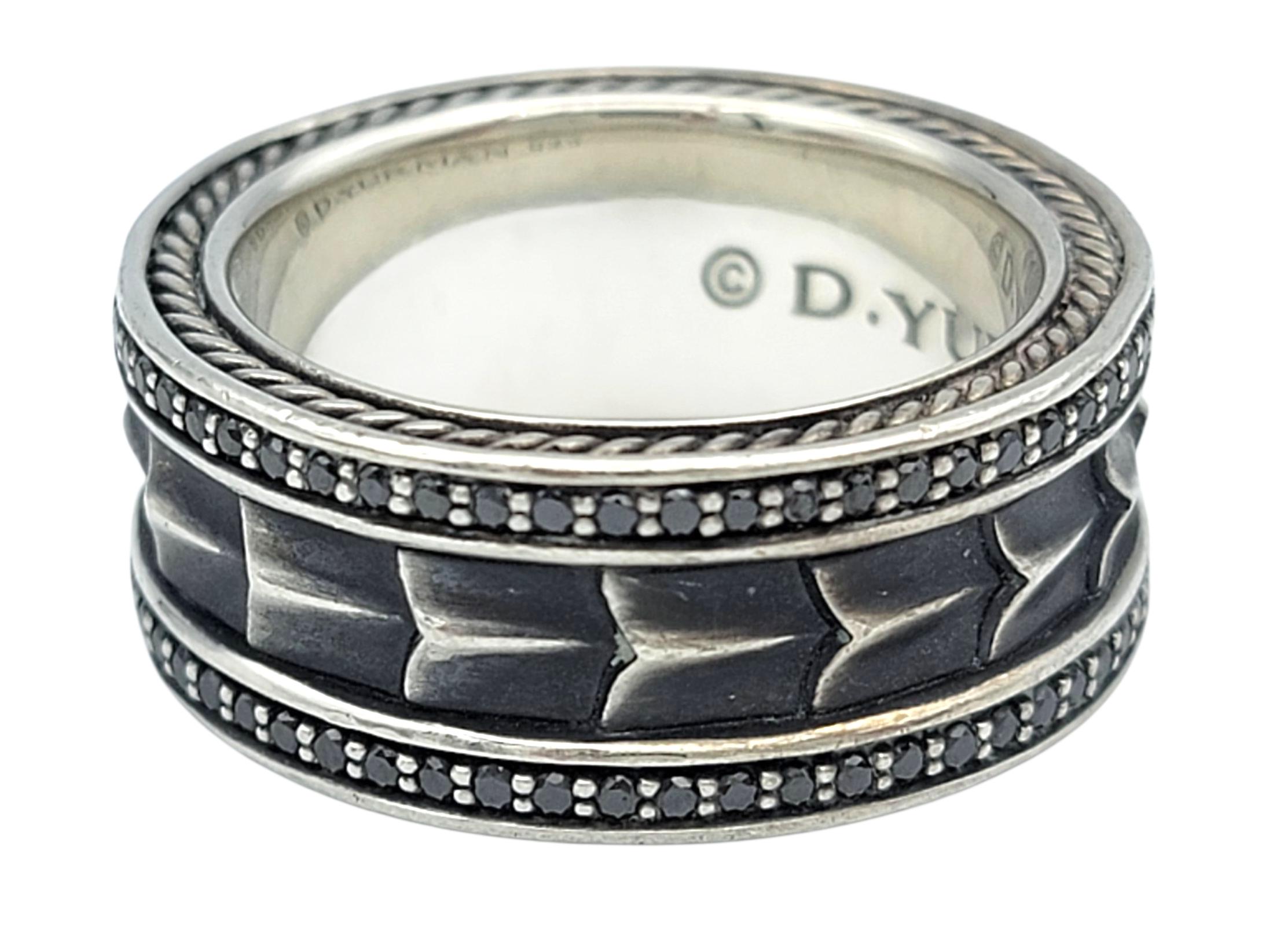 Taglio rotondo David Yurman Anello a fascia da uomo in argento Sterling con diamanti neri della Collection'S in vendita