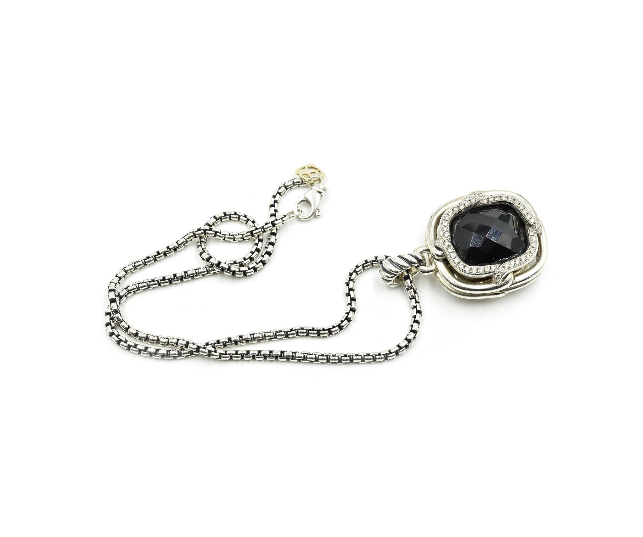 Designer: David Yurman
Material: sterling silver
Diamonds: 48 round brilliant cuts = 0.72 carat total weight
Dimensions: the pendant measures 1 1/4 inches long and 1 inches wide, the necklace measures 16 inches long 
Weight: 41.20 grams
Retail: