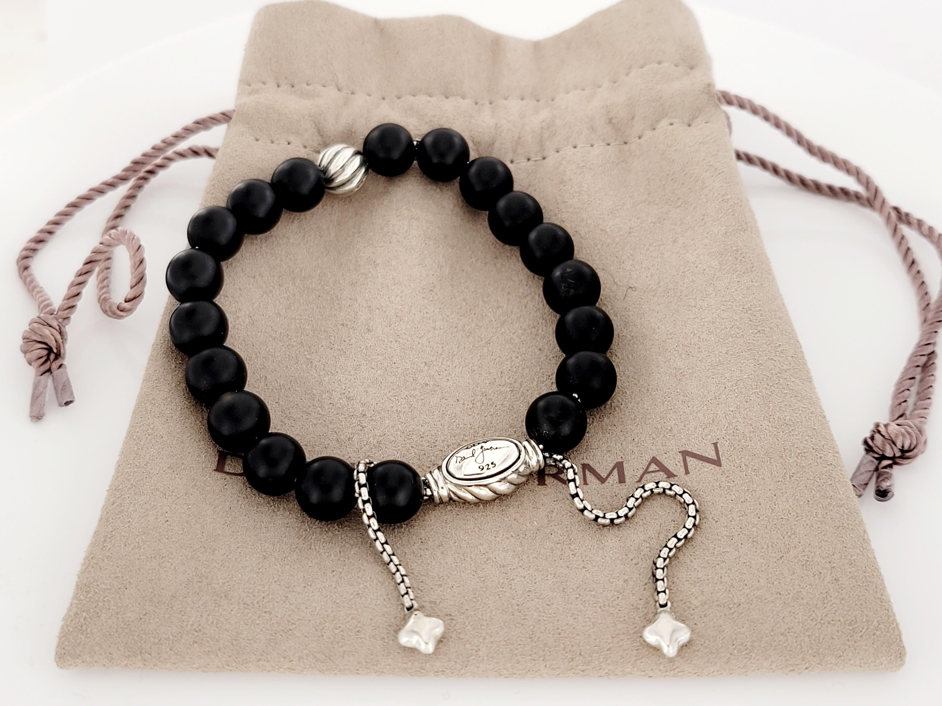Brand David Yurman
Style: Matte black beads bracelet
Material Sterling silver 925
Bracelet width 8mm
Hallmark (C)D.Y. David Yurman 925
David Yurman Pouch included.
Perfect gift for any occasion!
Condition New Never Worn 
Retail Price:$450