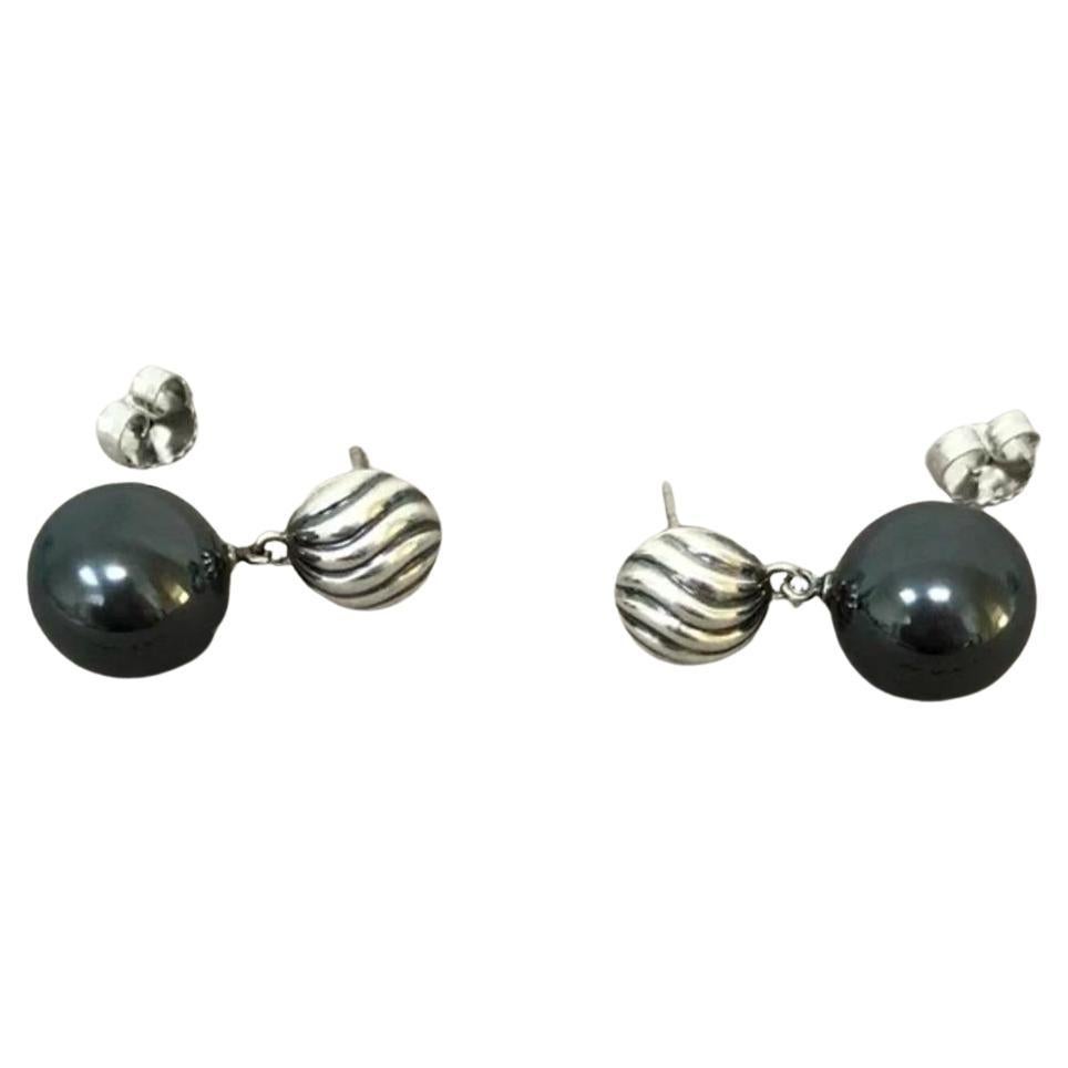 David Yurman Black Onyx and Sterling Silver Carved Ball Drop Earrings