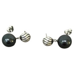 David Yurman Black Onyx and Sterling Silver Carved Ball Drop Earrings