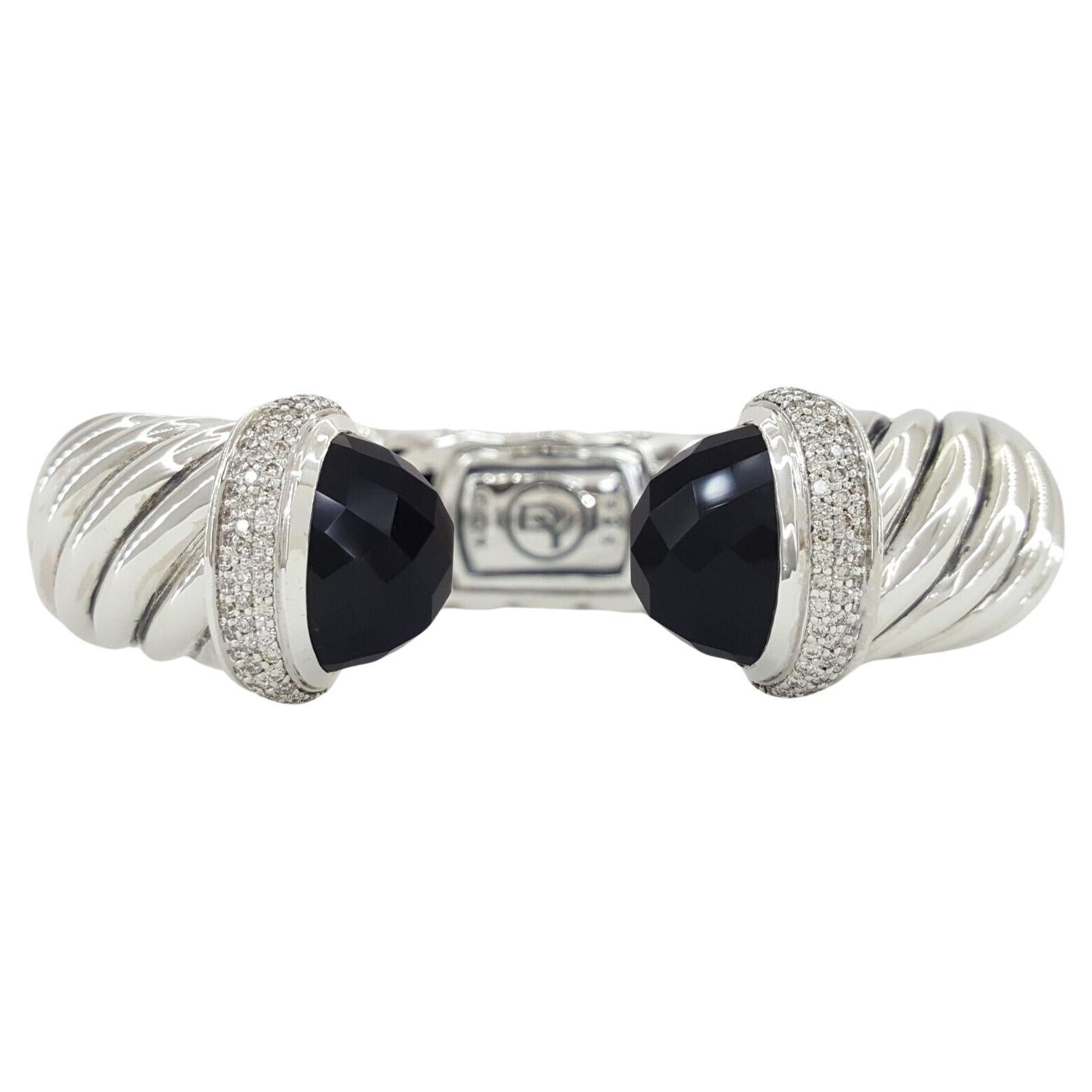 David Yurman Black Onyx & Round Diamonds 15 mm Cuff Sterling Bangle For Sale