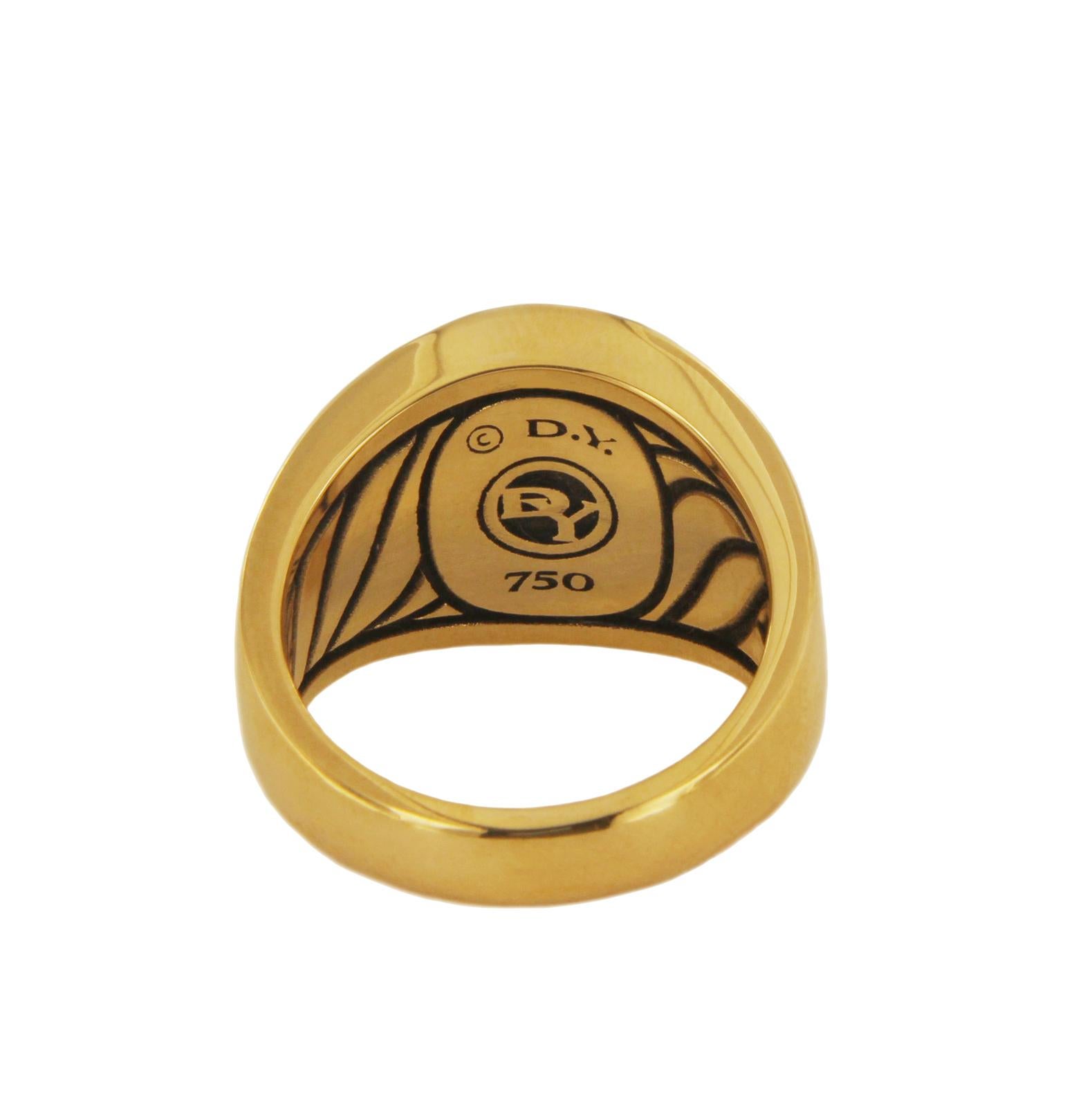 -Material: 18k Yellow Gold
-Ring size: 9
-Black Onyx: 11x14mm
-Ring weight: 18.3gr
-Ring width: 4.8-16mm

*Includes David Yurman Box.