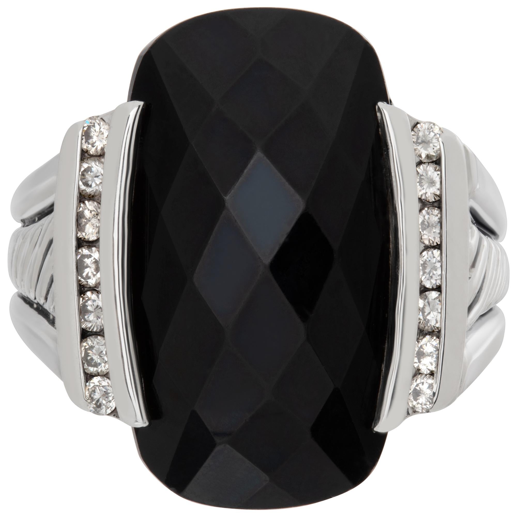 David Yurman black onyx ring with side diamond accents set in 925 sterling silver with trademark cable pattern on shank. Brilliant cut onyx stone measurements 7/8 x 1/2