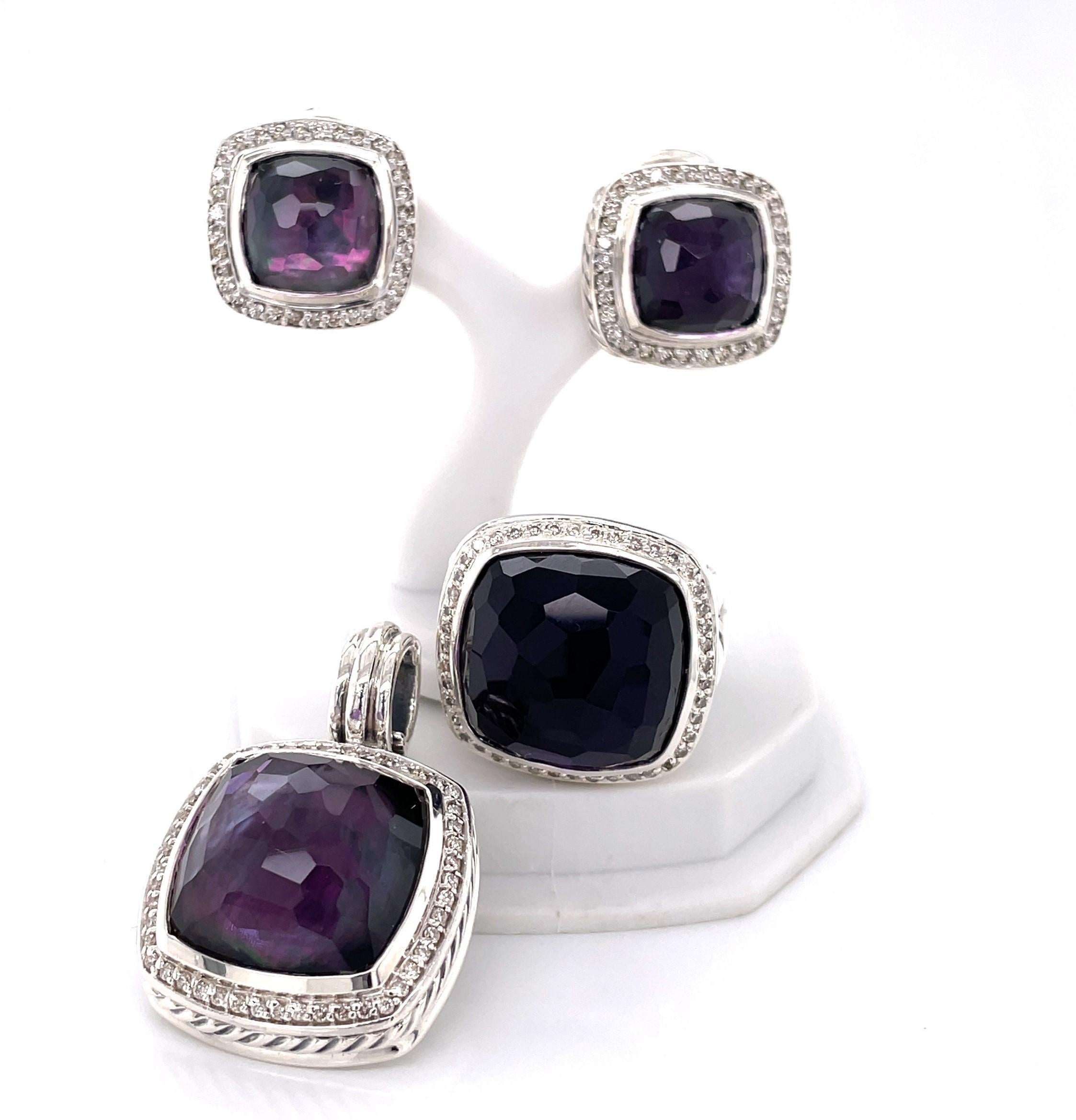By well known designer David Yurman, enjoy this suite from the Albion Collection in Black Orchid. Albion's signature is a faceted, cushion shape designed to be worn day or evening, as casual accessories to elevate your look. This popular suite