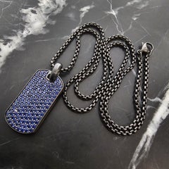 David Yurman Black Titanium Chevron Blue Sapphire Dog Tag Pendant chain 4600