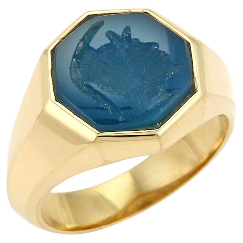 Pre-owned David Yurman Blue Agate Intaglio Octagon 18k Yellow Gold Ring Size 10.5