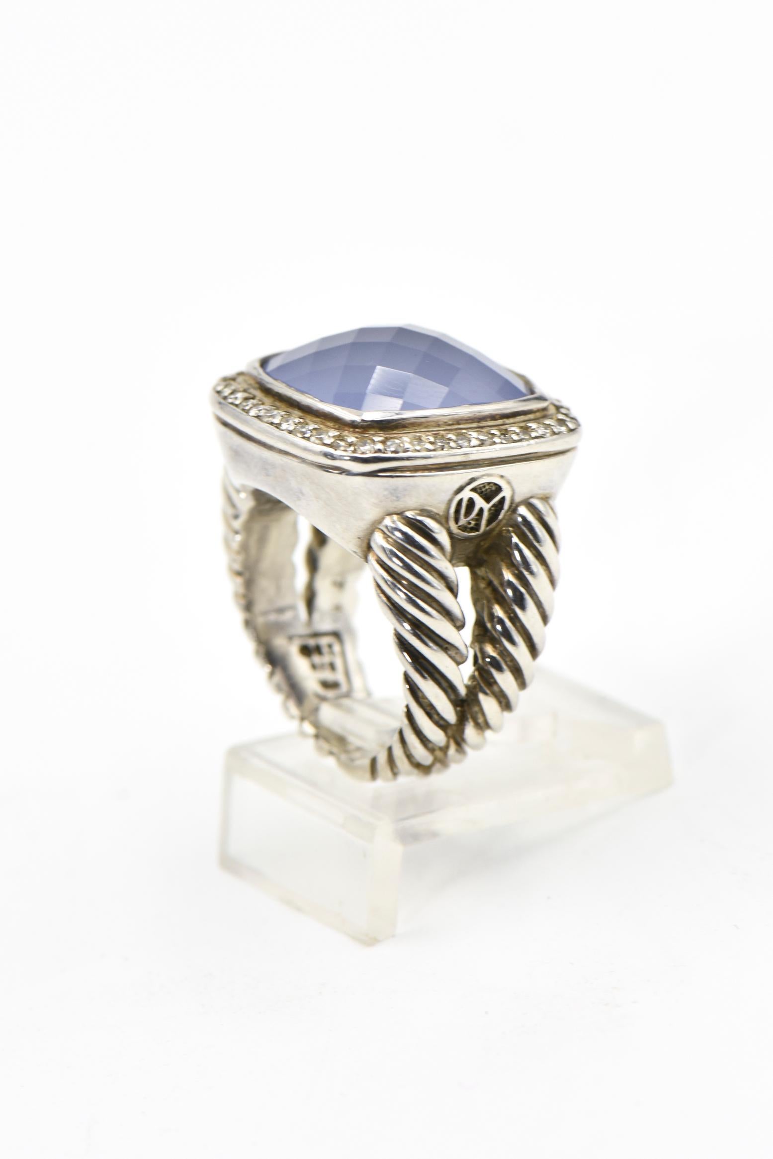 Round Cut David Yurman Blue Chalcedony Diamond Sterling Albion Ring