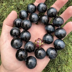 David Yurman Blue Tiger's Eye Gumball Bead Necklace w/ Garnet 18k Gold Clasp